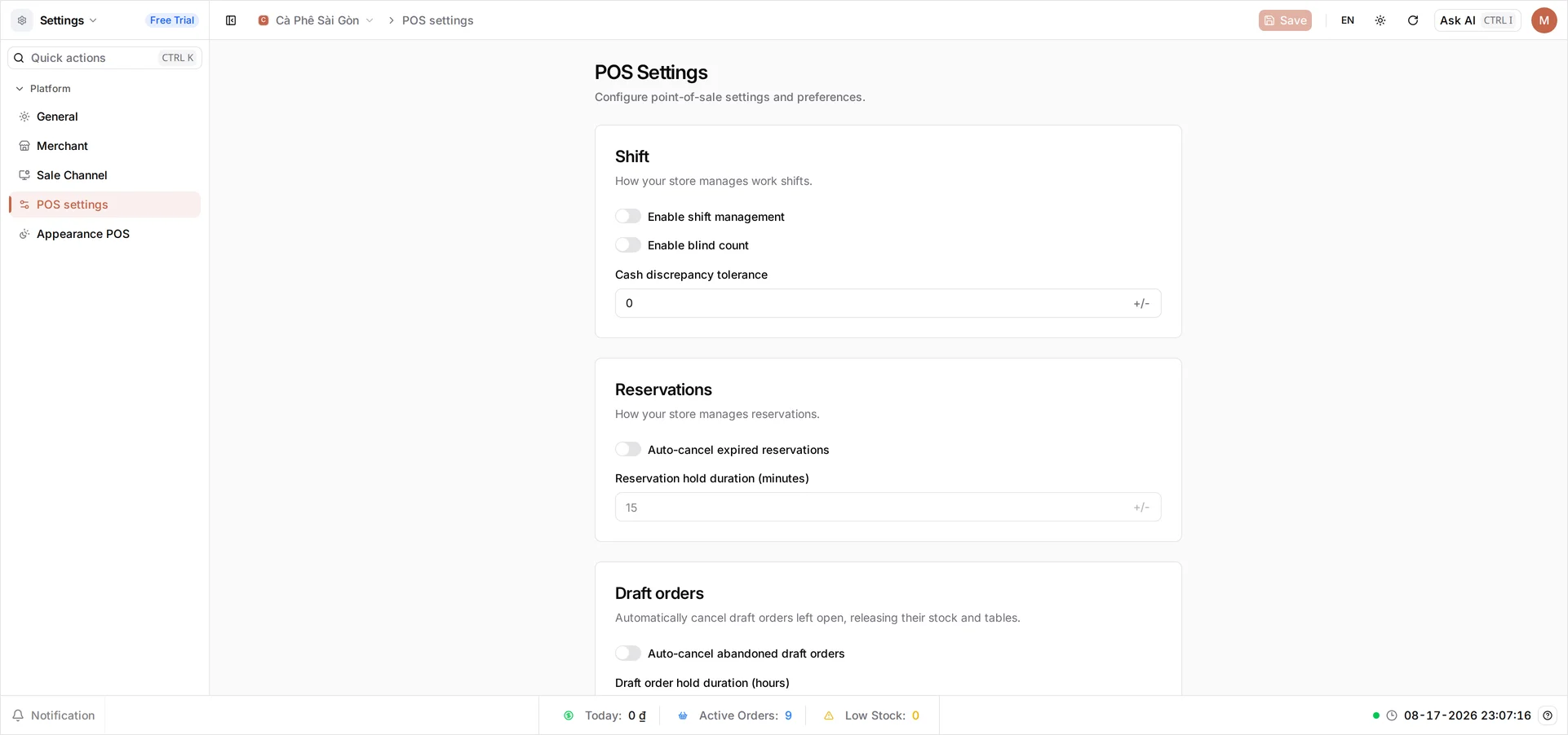 The POS Settings page — 'Configure point-of-sale settings and preferences' — with POS settings highlighted in the Settings sidebar. The Shift, Reservations and Draft orders cards are in view with every switch off, and Inventory ticket approval continues below them