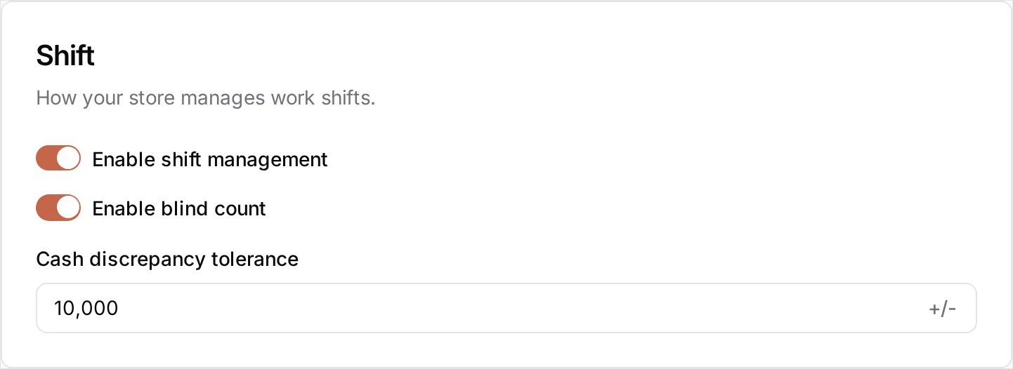 The Shift card — 'How your store manages work shifts.' — with Enable shift management and Enable blind count both switched on, and Cash discrepancy tolerance showing 10,000
