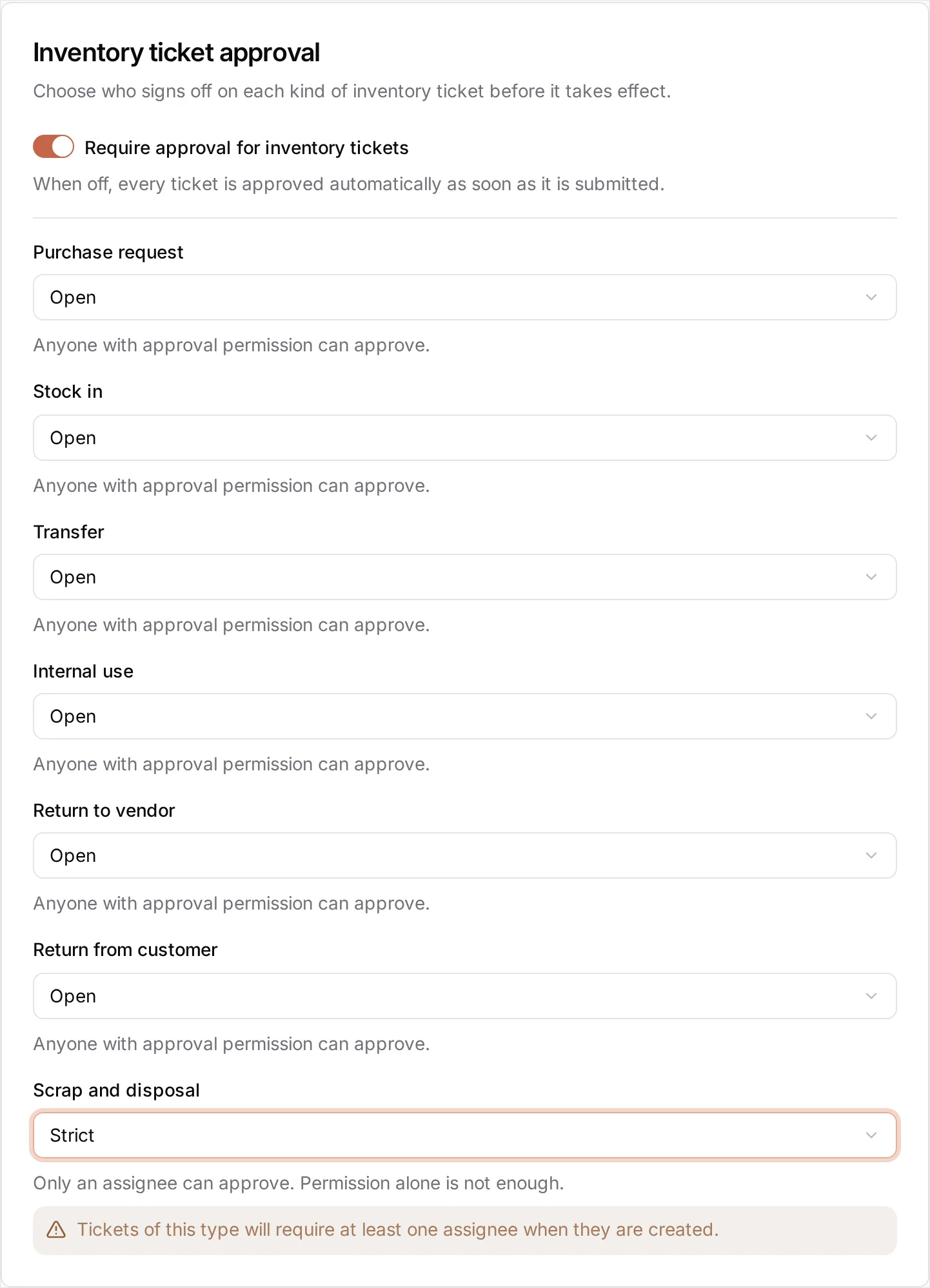 The Inventory ticket approval card with Require approval for inventory tickets switched on, revealing a dropdown per ticket type set to Open, and a yellow warning under the one set to Strict