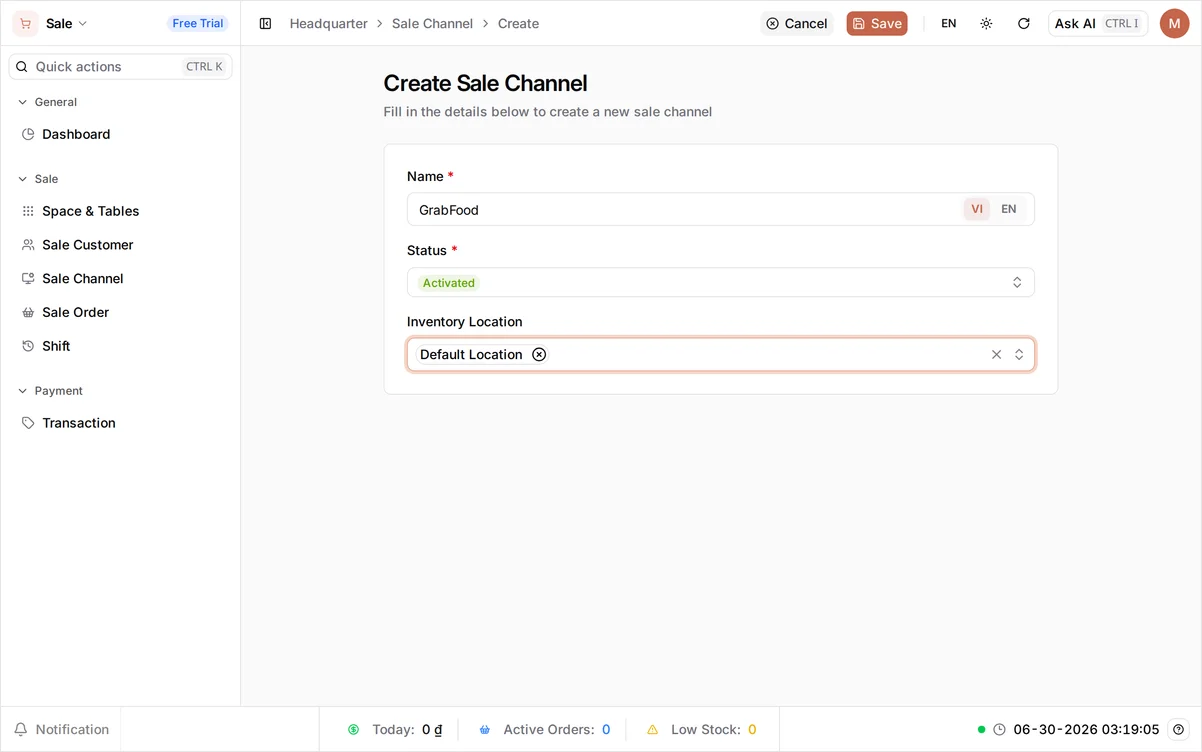 The Create sale channel form with Name 'GrabFood', Status Activated, and Inventory location 'Default Location' selected