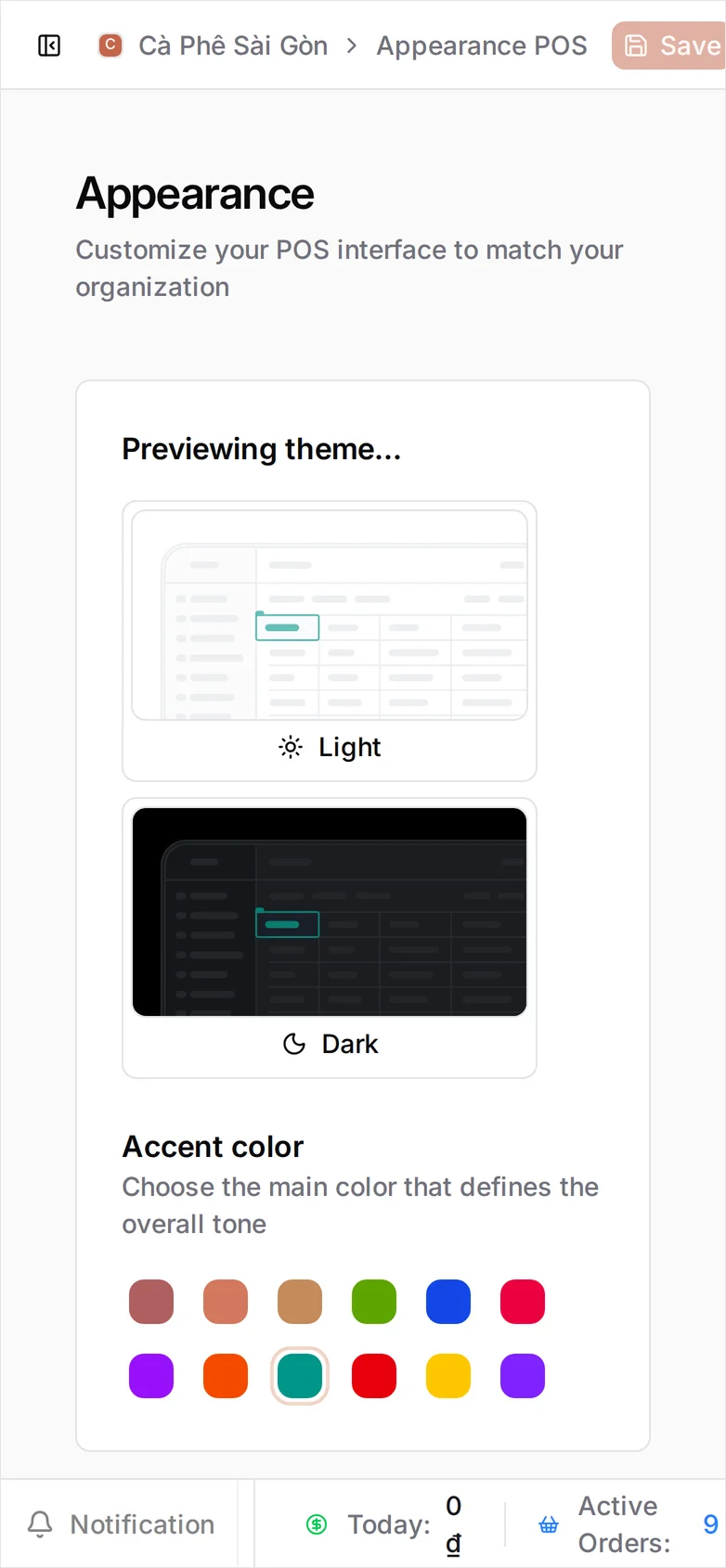 The Light and Dark preview panels redrawn in the newly chosen colour, with Save active in the top bar
