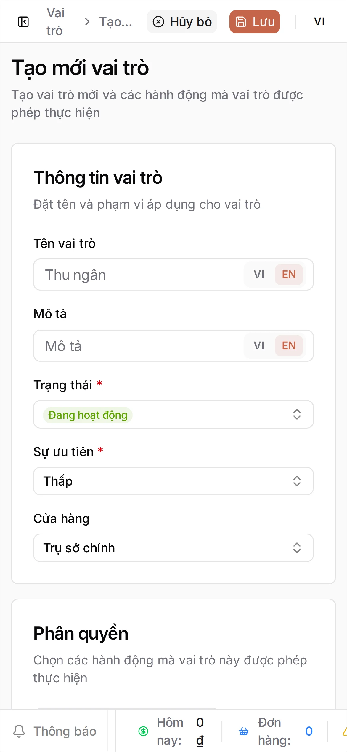 Trang Tạo vai trò với Tên là Store manager, Trạng thái Đang hoạt động và bảng Định nghĩa chính sách để chọn quyền