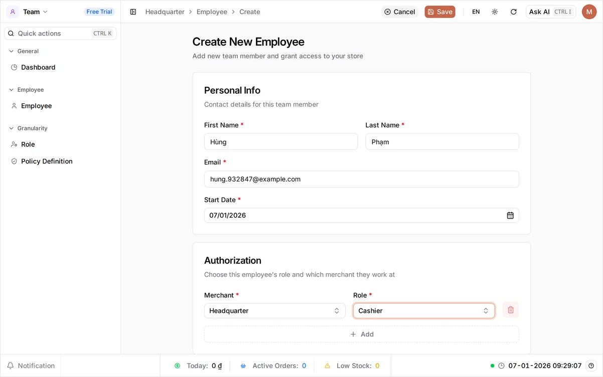 The Create New Employee page with First Name Hùng, Last Name Phạm, an email, a phone number, and the Cashier role selected