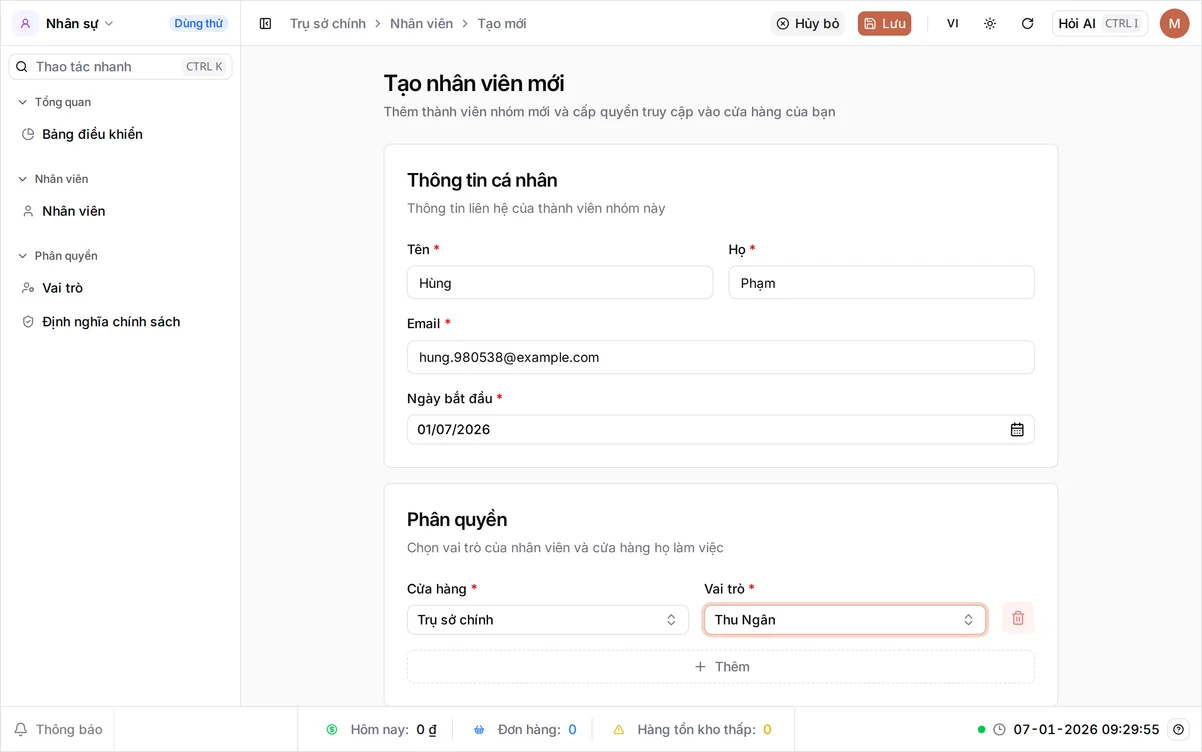 Trang Tạo nhân viên mới với Tên Hùng, Họ Phạm, email, số điện thoại và vai trò Thu Ngân được chọn