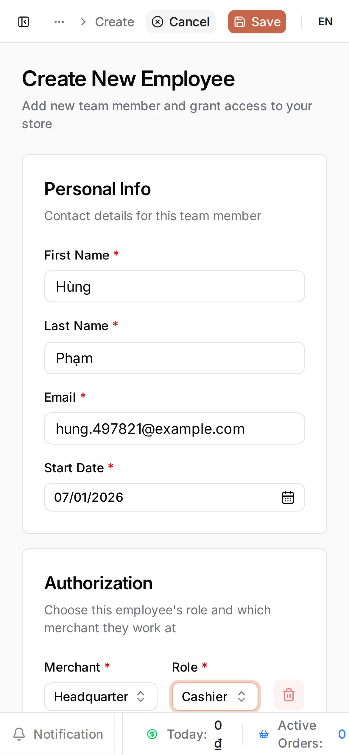 The Create New Employee page with First Name Hùng, Last Name Phạm, an email, a phone number, and the Cashier role selected