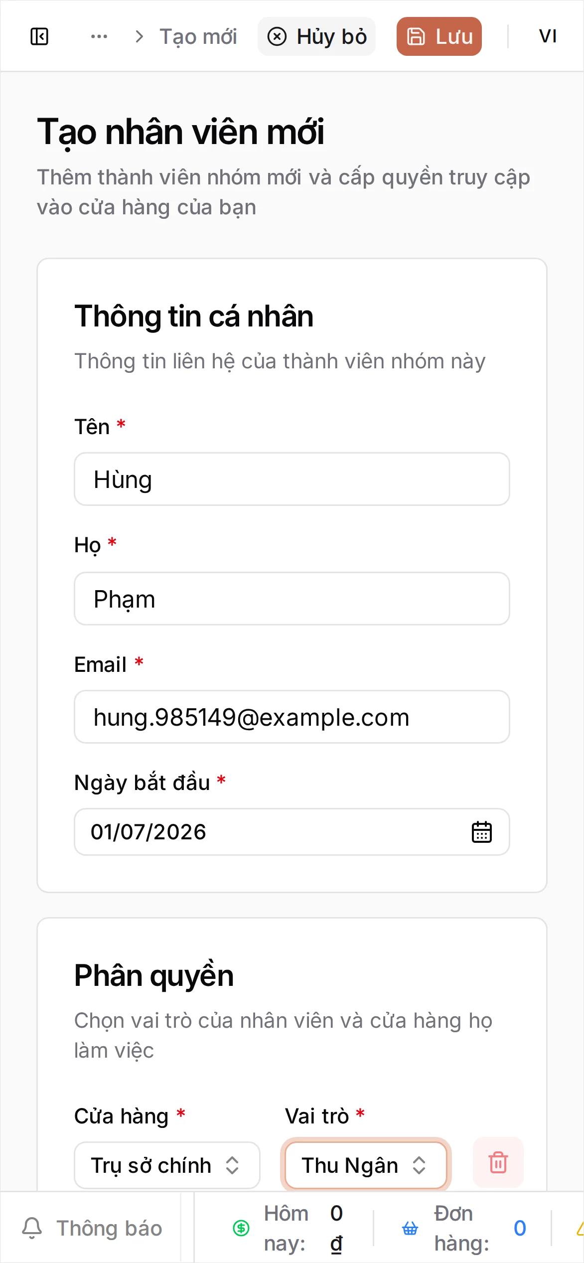 Trang Tạo nhân viên mới với Tên Hùng, Họ Phạm, email, số điện thoại và vai trò Thu Ngân được chọn