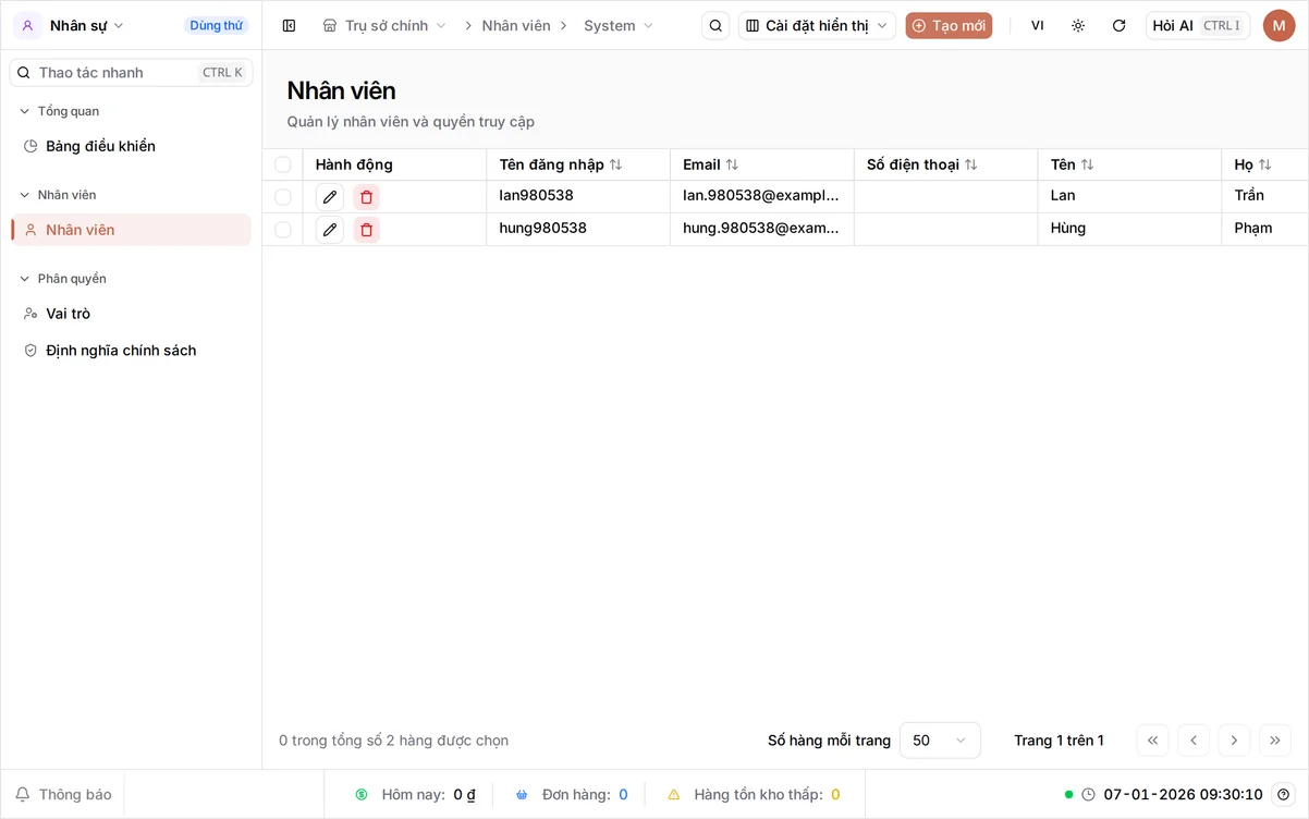 Danh sách Nhân viên hiển thị hai dòng, Hùng Phạm và Lan Trần, kèm tên đăng nhập, email và số điện thoại