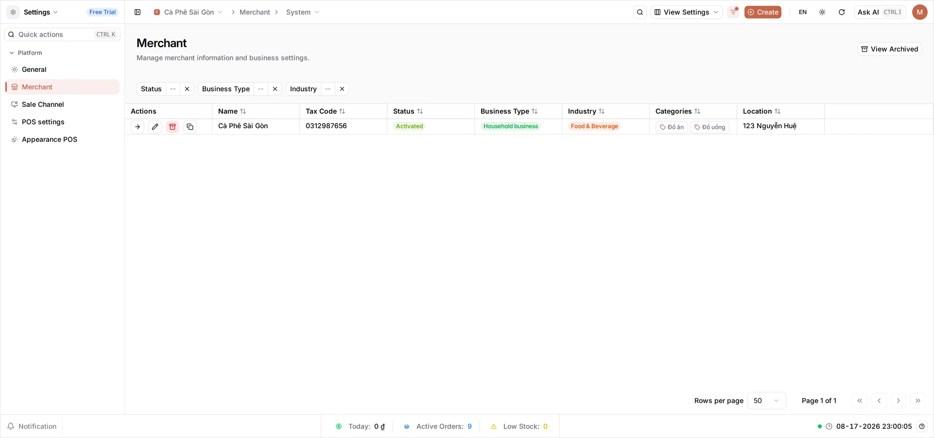 The Merchant list with one row, Cà Phê Sài Gòn, and columns Actions, Name, Tax Code, Status, Business Type, Industry, Categories and Location. Create sits in the top bar, View Archived above the table, and the row carries three icon actions