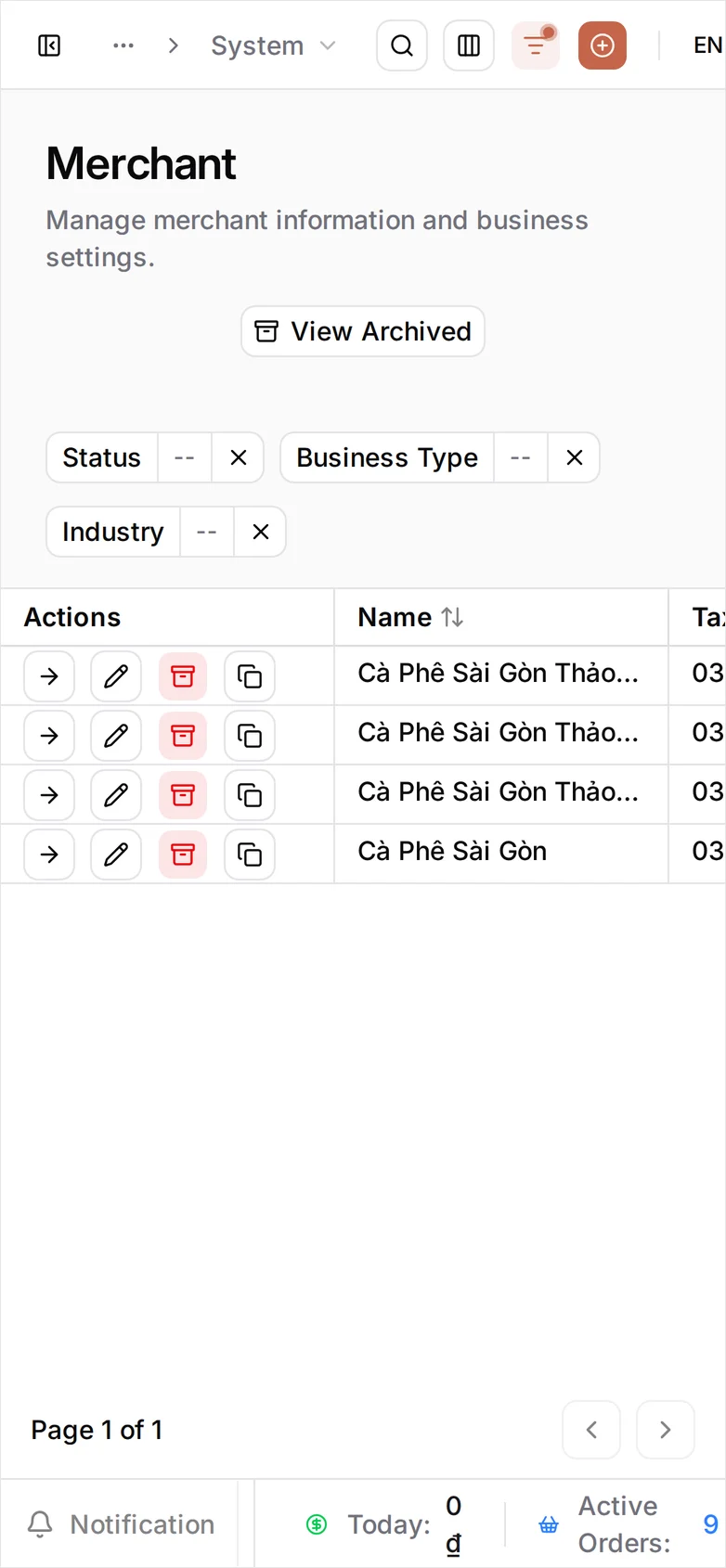 The same list at phone width showing two rows, Cà Phê Sài Gòn Thảo Điền and Cà Phê Sài Gòn, each with its three icon actions. The table does not reflow, so the tax code, status and location columns are cut off to the right