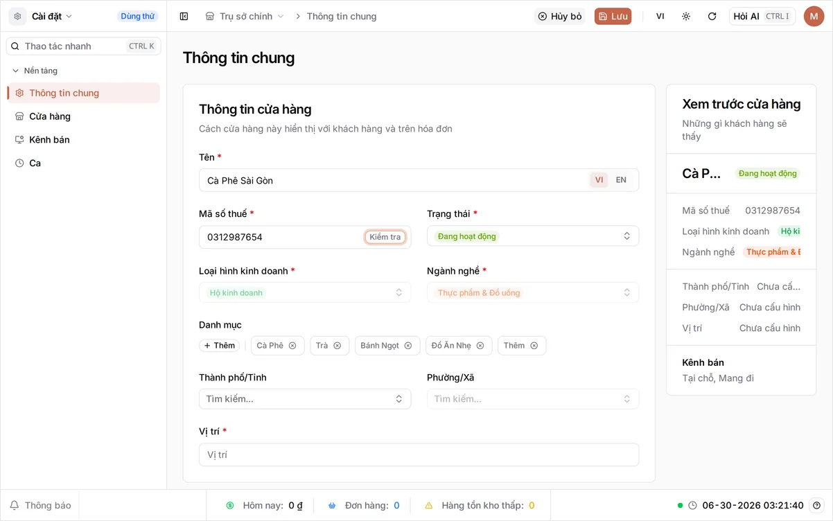 Biểu mẫu Thông tin cửa hàng với tên doanh nghiệp và mã số thuế đã điền, cùng nút Check cạnh trường mã số thuế