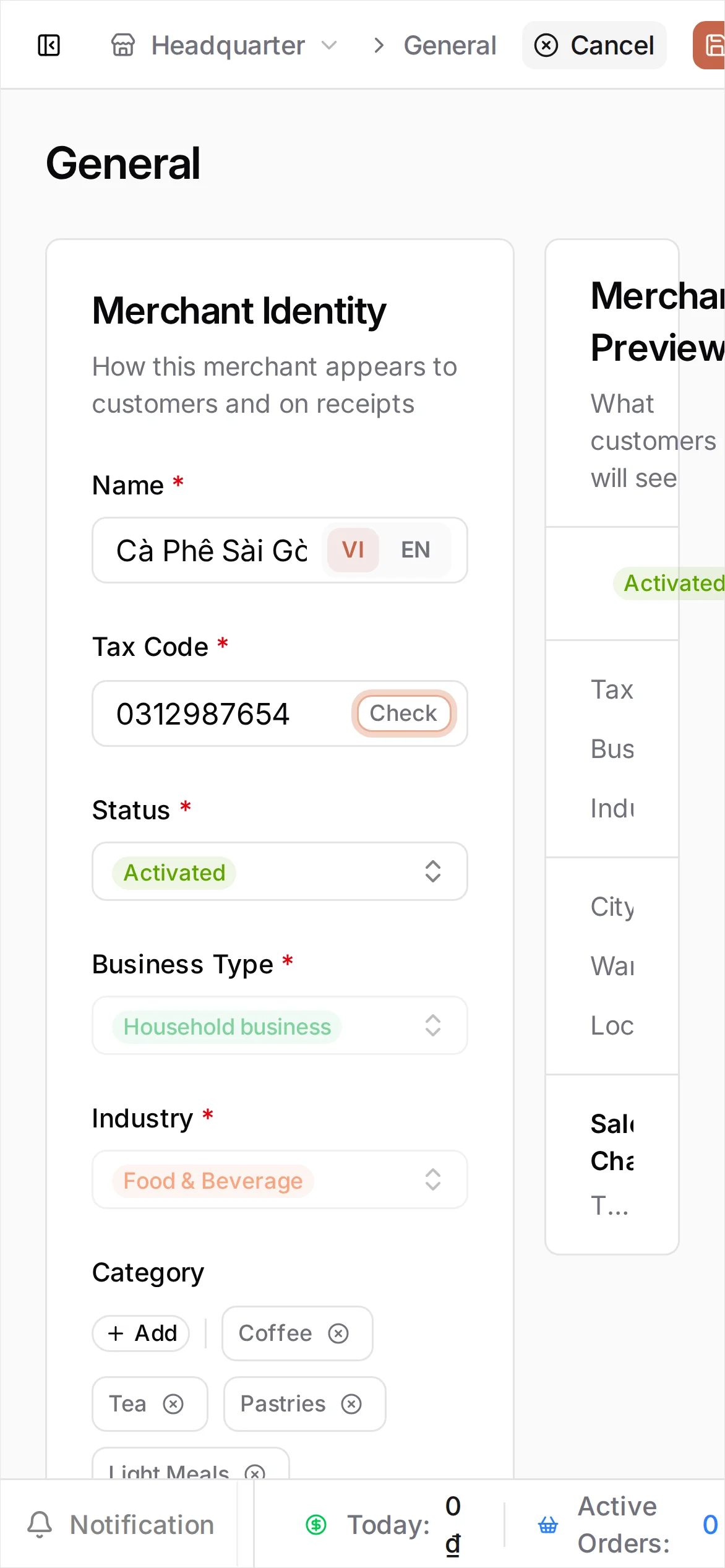 The Merchant Identity form with Name set to Cà Phê Sài Gòn and Tax Code 0312987654, with a Check button beside the tax code field