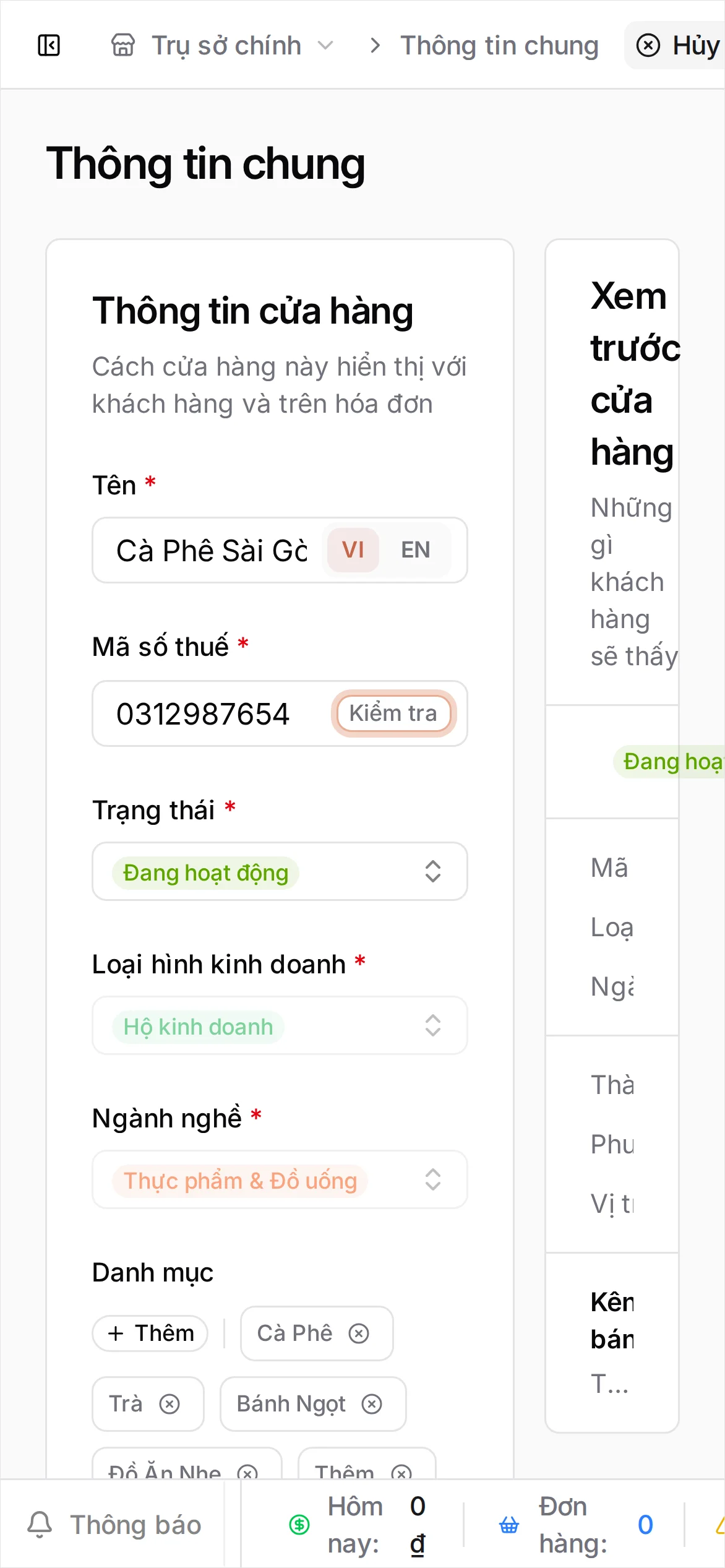 Biểu mẫu Thông tin cửa hàng với Tên là Cà Phê Sài Gòn và Mã số thuế 0312987654, kèm nút Check cạnh trường mã số thuế