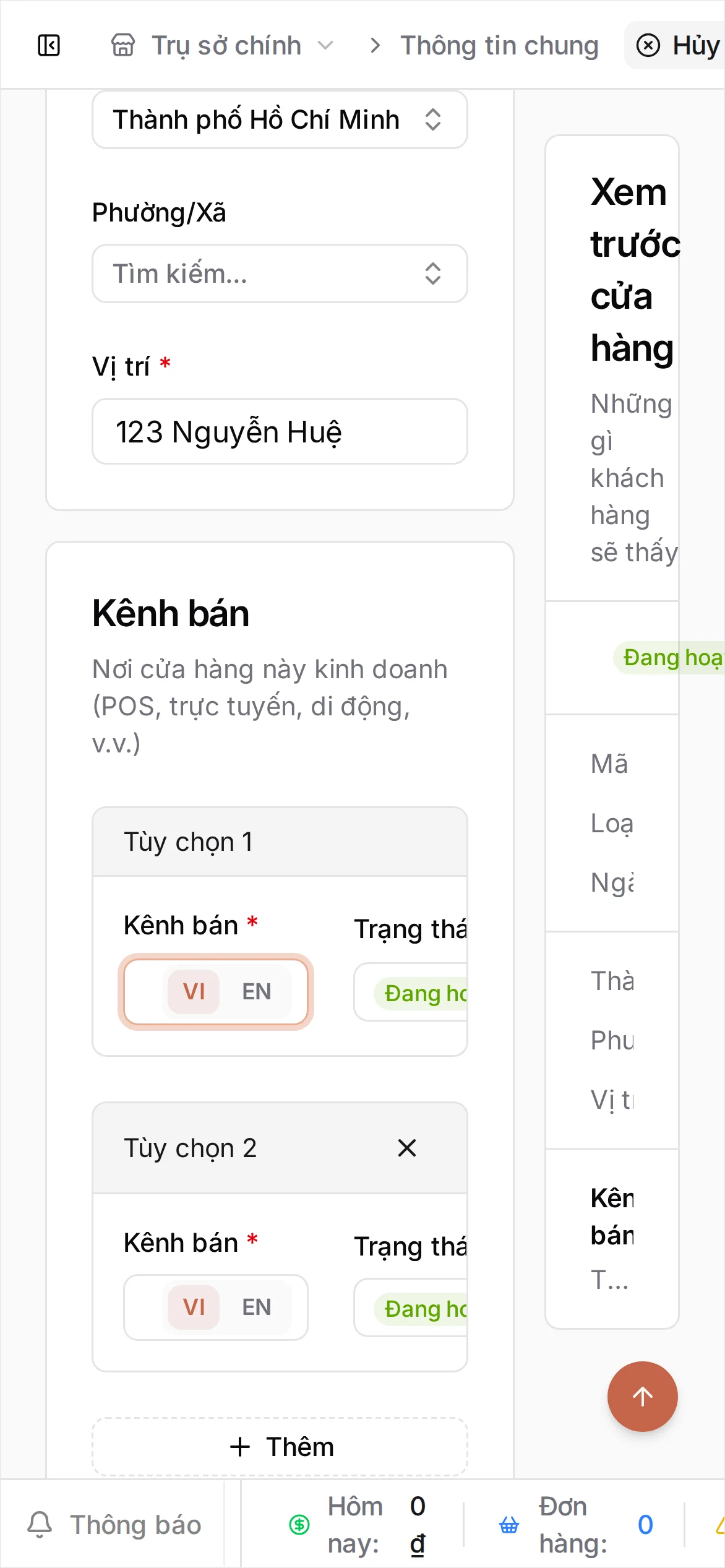 Các trường địa chỉ với Thành phố/Tỉnh là TP. Hồ Chí Minh và địa chỉ đường phố ở Vị trí, khung Xem trước cửa hàng phản chiếu lại, cùng nút Lưu đang bật ở thanh trên