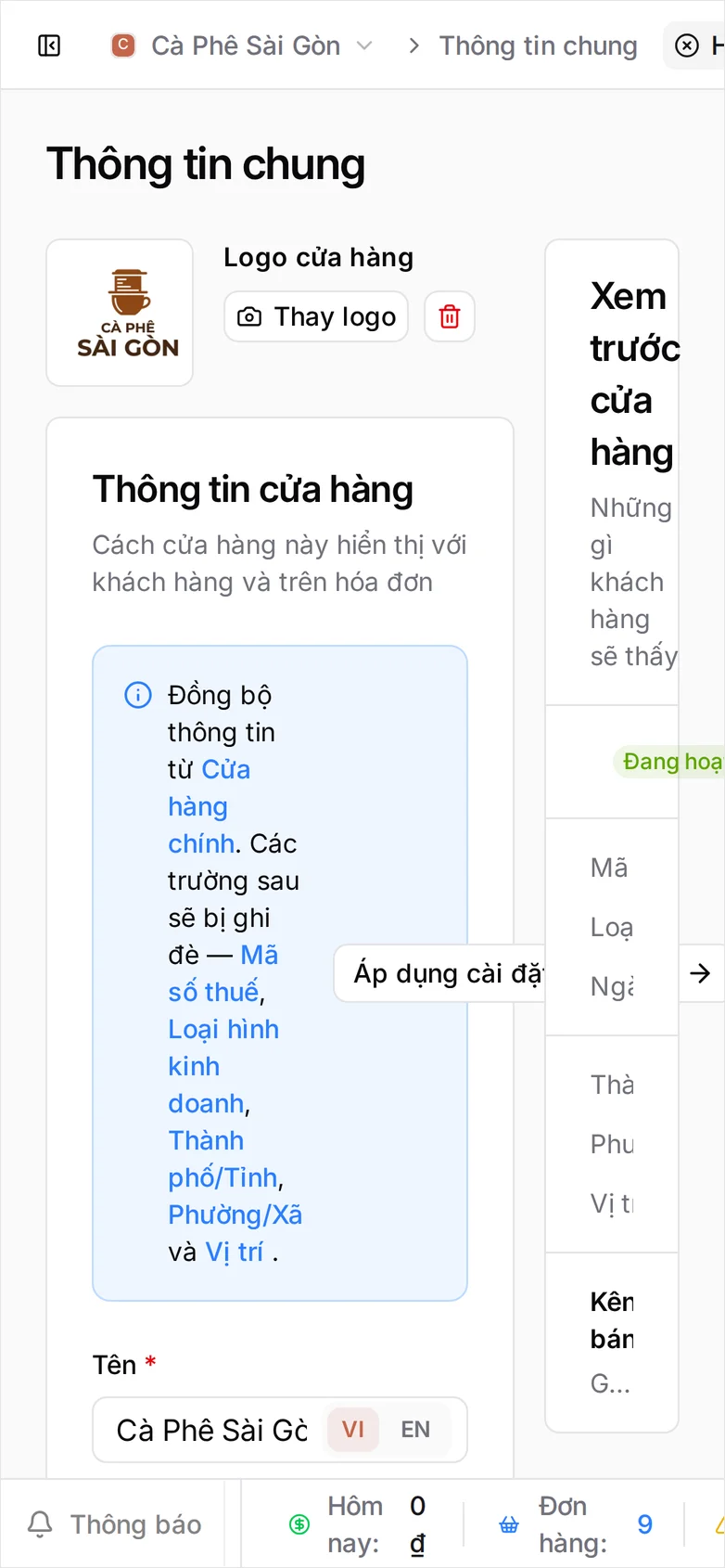 Thành phố/Tỉnh là Thành phố Hồ Chí Minh, Phường/Xã là Phường Bến Thành, địa chỉ đường phố trong ô Vị trí, khung Xem trước cửa hàng hiển thị đúng các thông tin đó bên cạnh mã số thuế 0312987656, và nút Lưu đã sáng trên thanh trên cùng