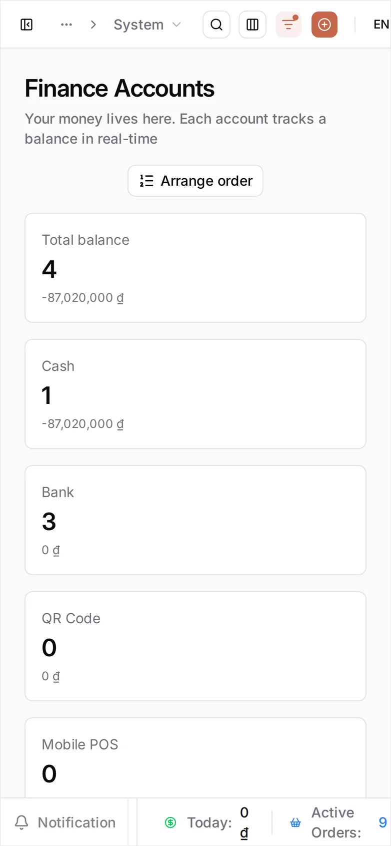 The Finance Accounts screen listing a Default Cash Account plus several Bank accounts, all Activated
