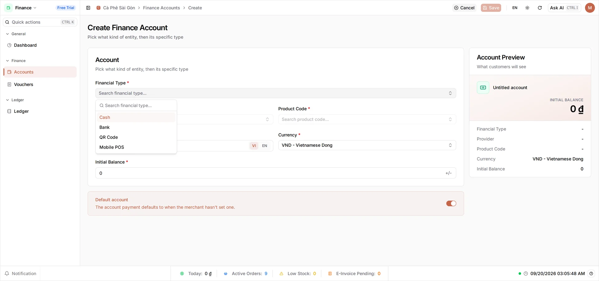 The Create finance account form with the Payment method field open, showing Bank, QR Code, and Mobile POS options