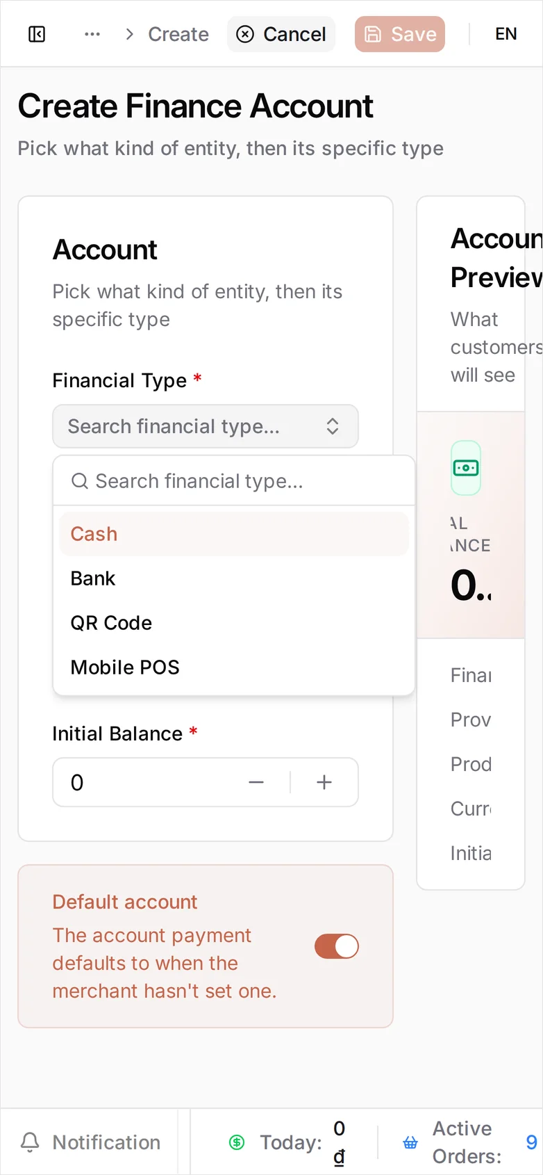 The Create finance account form with the Payment method field open, showing Bank, QR Code, and Mobile POS options