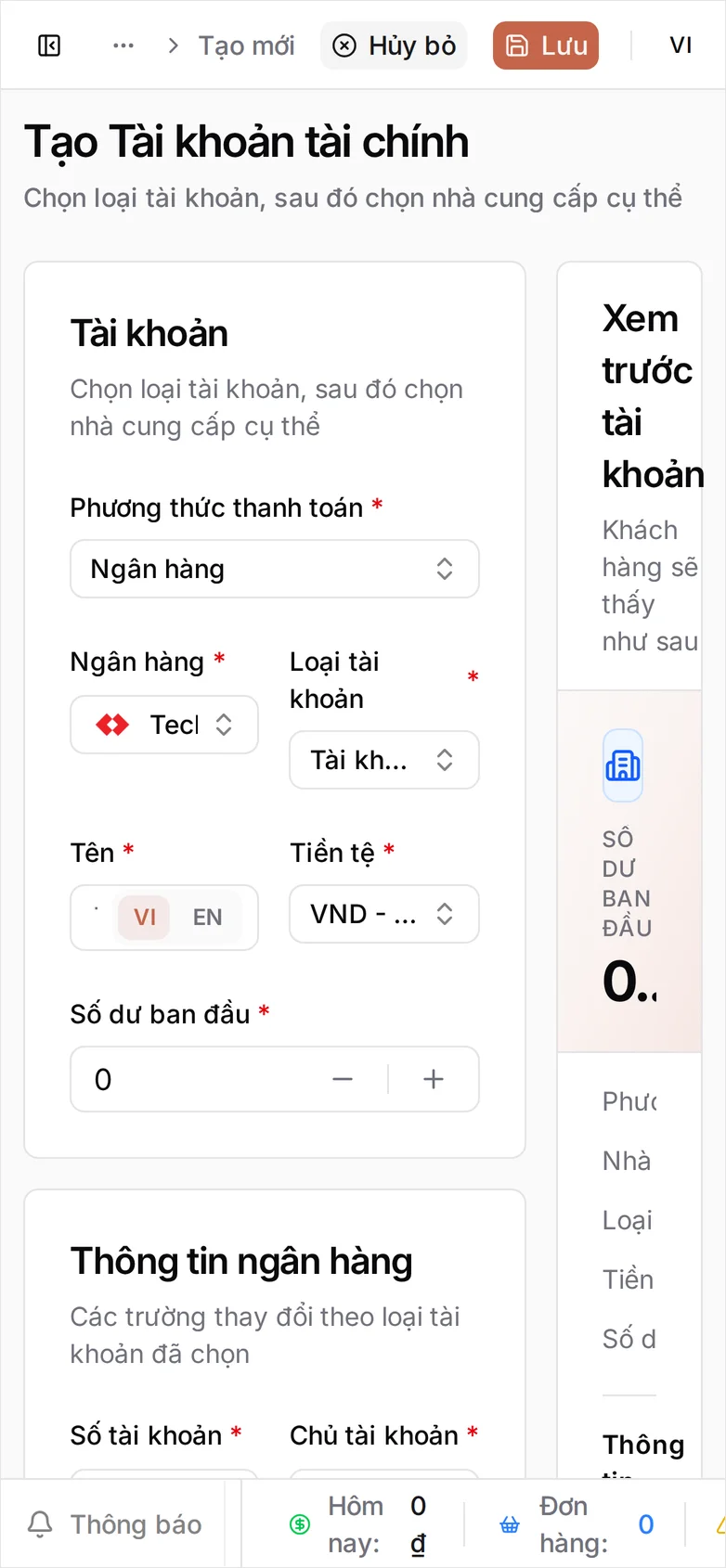 Cũng biểu mẫu đó trên điện thoại: Phương thức thanh toán là Ngân hàng, hai ô Ngân hàng và Loại tài khoản nằm sát nhau và bị cắt chữ, khung Xem trước tài khoản bị đẩy ra ngoài mép phải