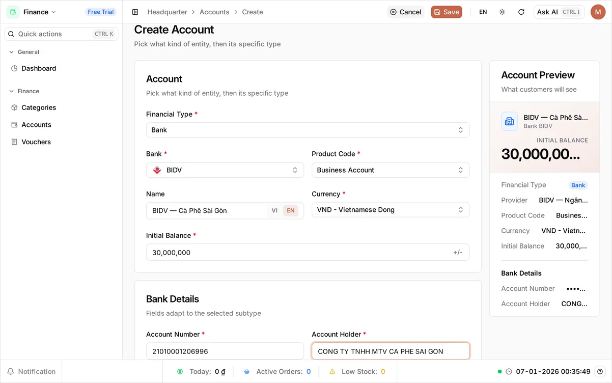 A second Create Account form with Bank set to BIDV and Name 'BIDV — Cà Phê Sài Gòn', the account that joins Techcombank and VietcomBank