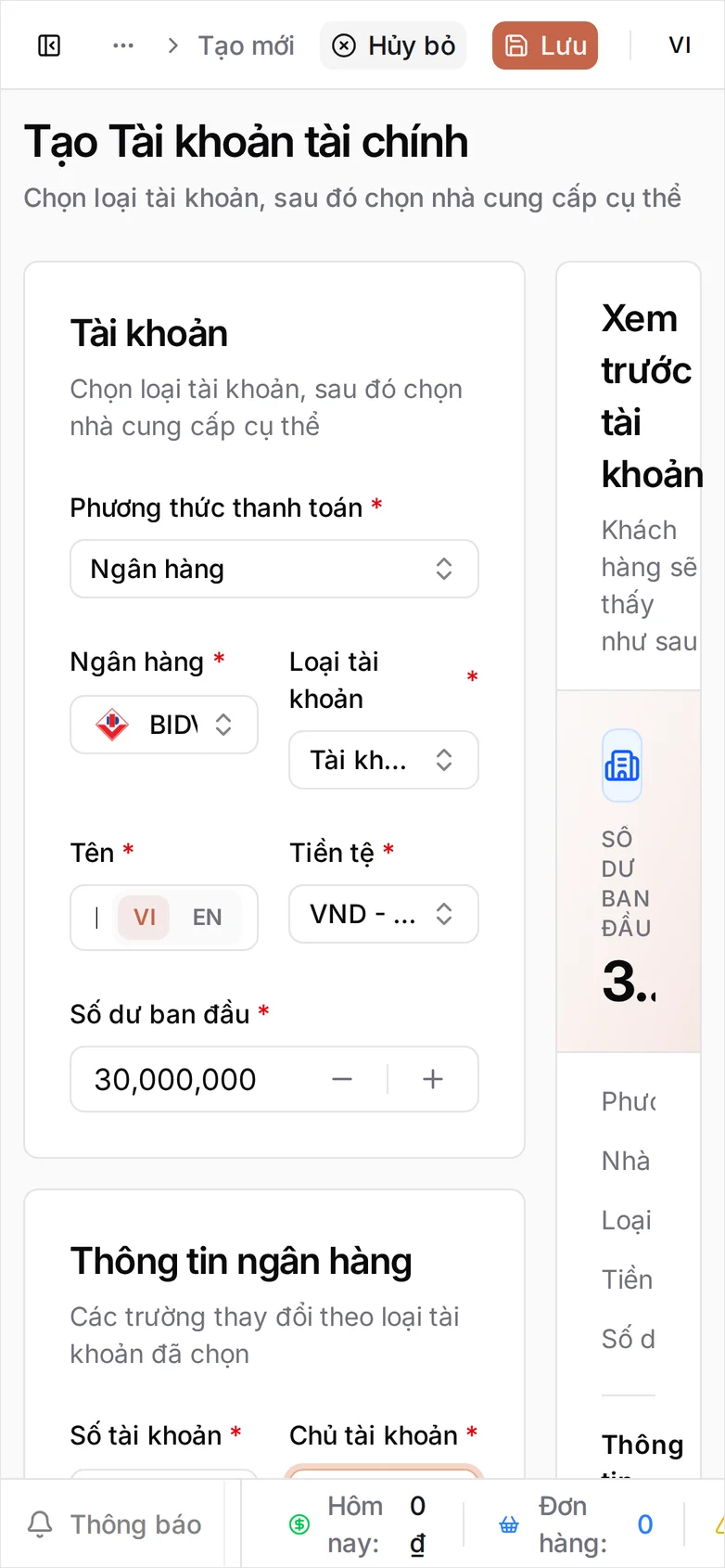 Biểu mẫu thứ hai trên điện thoại, ô Ngân hàng hiện BIDV và Số dư ban đầu 30.000.000