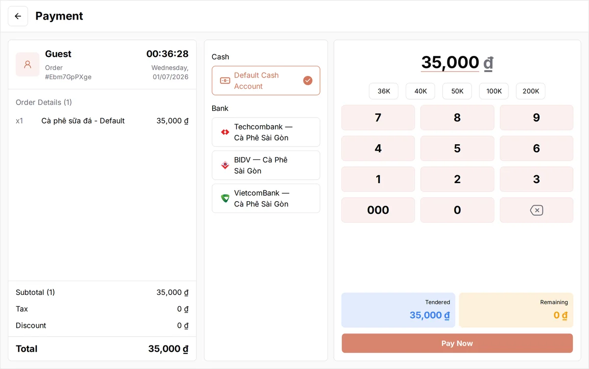The BANA Sale payment screen listing Cash and Bank as ways to pay, with the three bank accounts shown under Bank