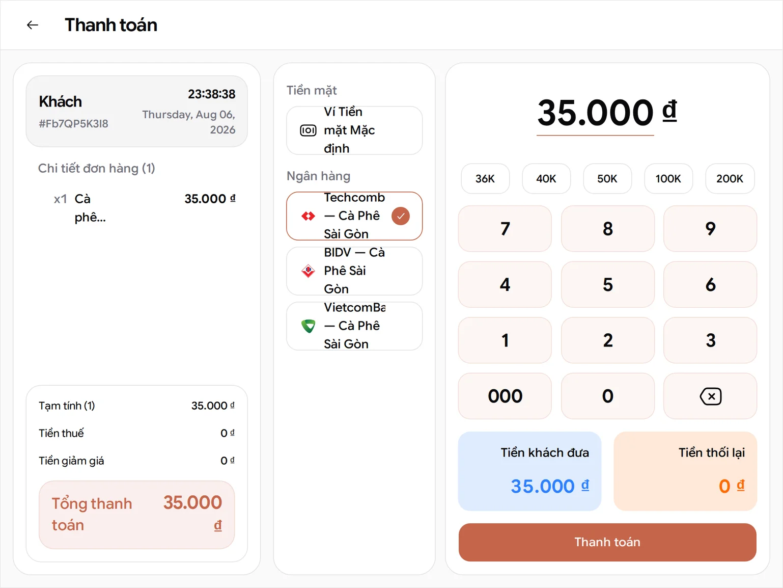 Màn hình Thanh toán trên máy tính bảng với tài khoản Techcombank được tích ở nhóm Ngân hàng, Tiền khách đưa 35.000 ₫, Tiền thối lại 0 ₫ và nút Thanh toán dưới bàn phím số