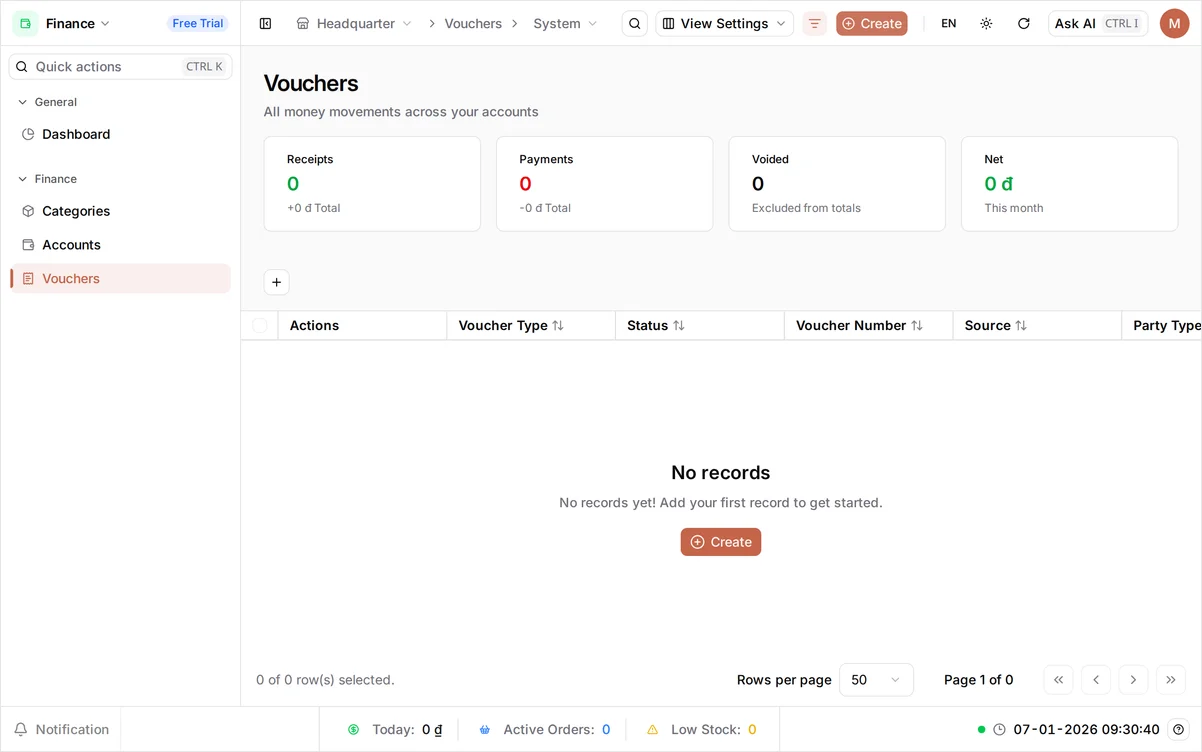 The Finance app's Vouchers screen, the money log, above an empty voucher list