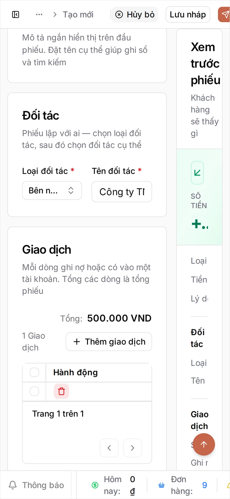 Biểu mẫu phiếu thu trên điện thoại: Loại đối tác Bên ngoài kèm tên nhà cung cấp, thẻ Giao dịch hiện Tổng 500.000 VND, dòng giao dịch chỉ còn cột Hành động