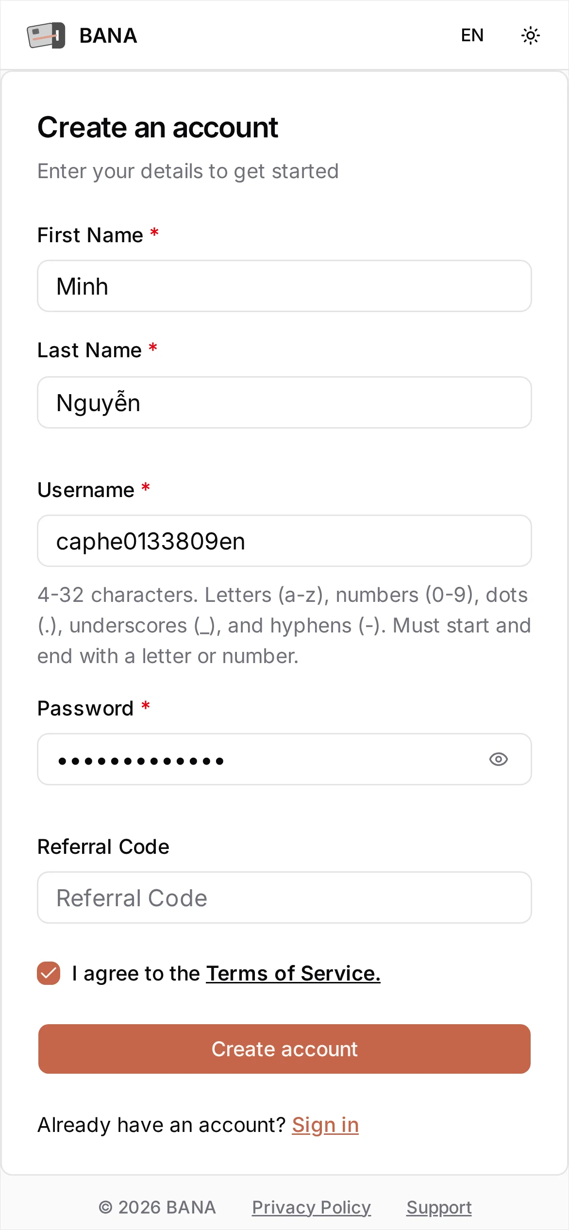 The Create an account form with First Name, Last Name, Username, and Password filled in and the Terms of Service box ticked