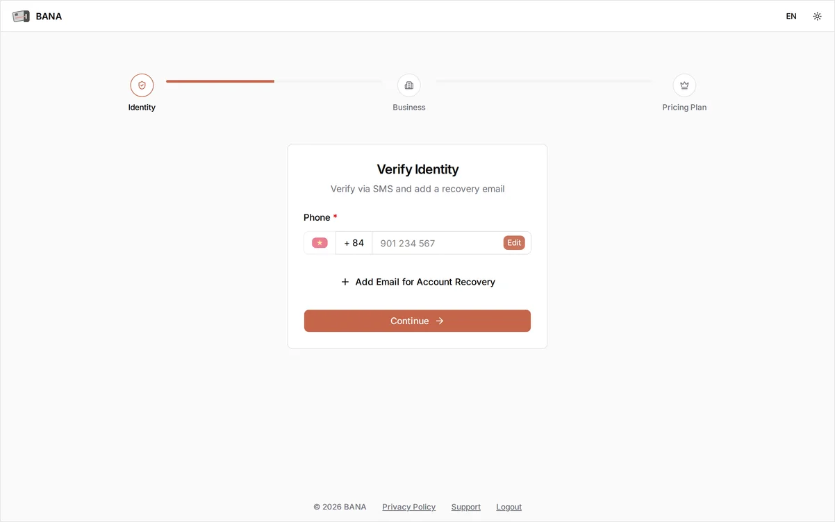 The Verify Identity step showing the Phone field, Get OTP button, and the Identity / Business / Pricing Plan progress bar
