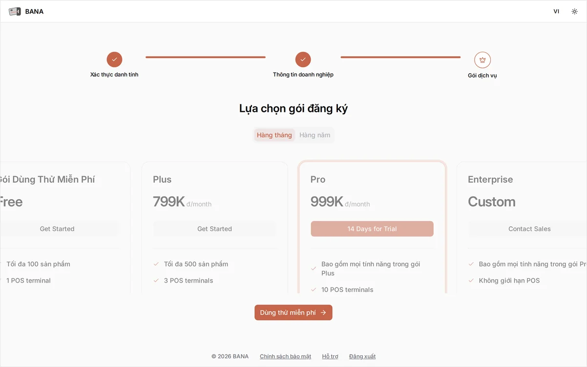 Bước Lựa chọn gói đăng ký hiển thị các gói Dùng Thử Miễn Phí, Plus, Pro và Enterprise