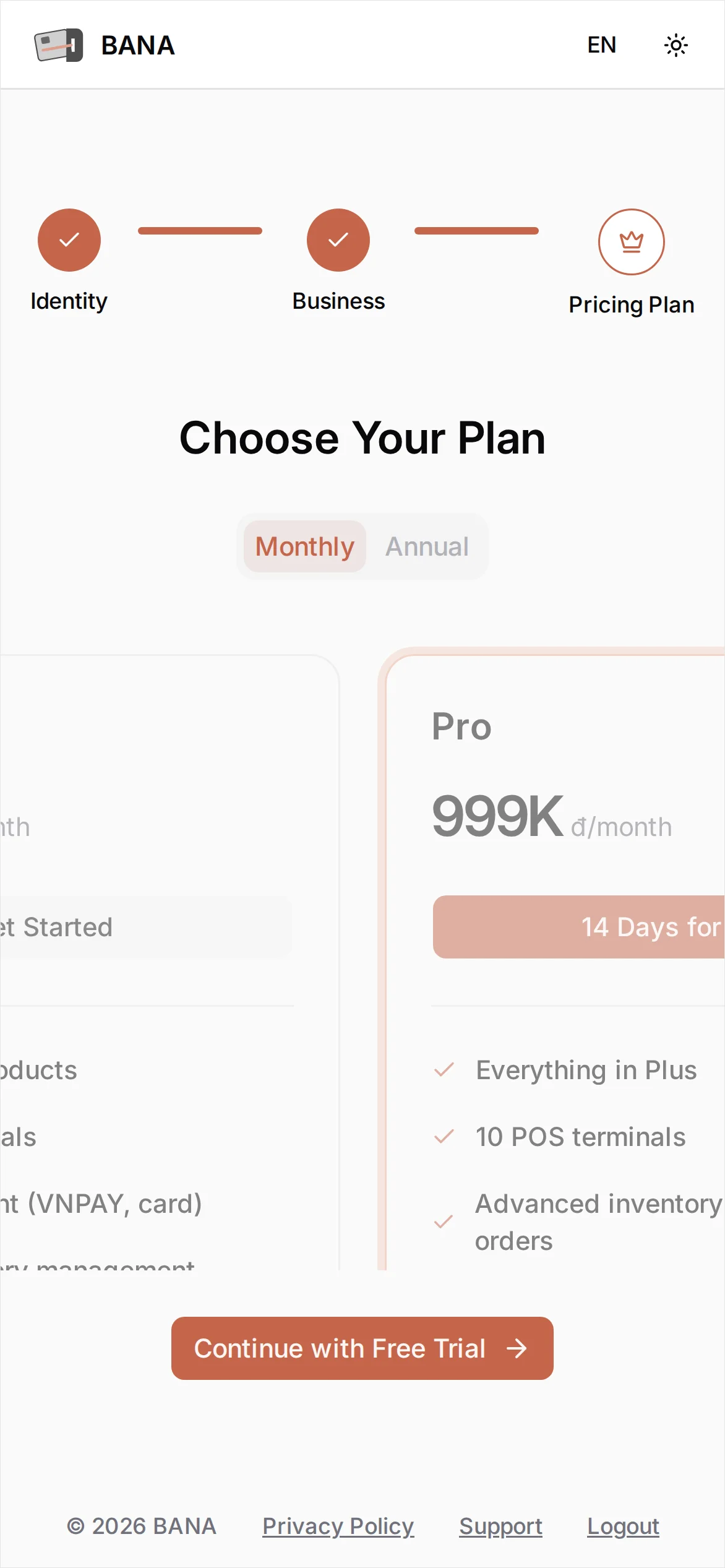 The Choose Your Plan step showing the Free Trial, Plus, Pro, and Enterprise plans