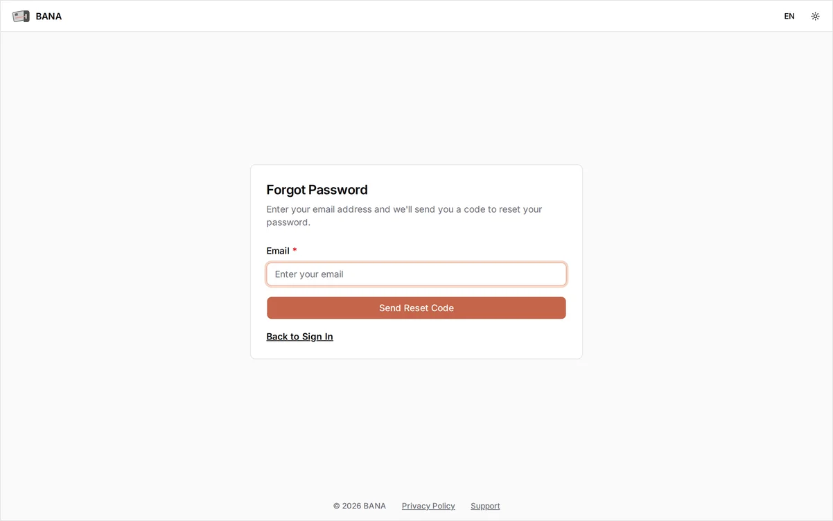 The Forgot Password screen with an Email field and a Send Reset Code button