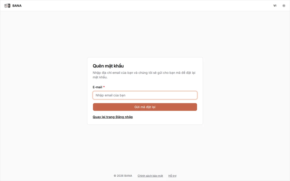 Màn hình Quên mật khẩu với ô E-mail và nút Gửi mã đặt lại