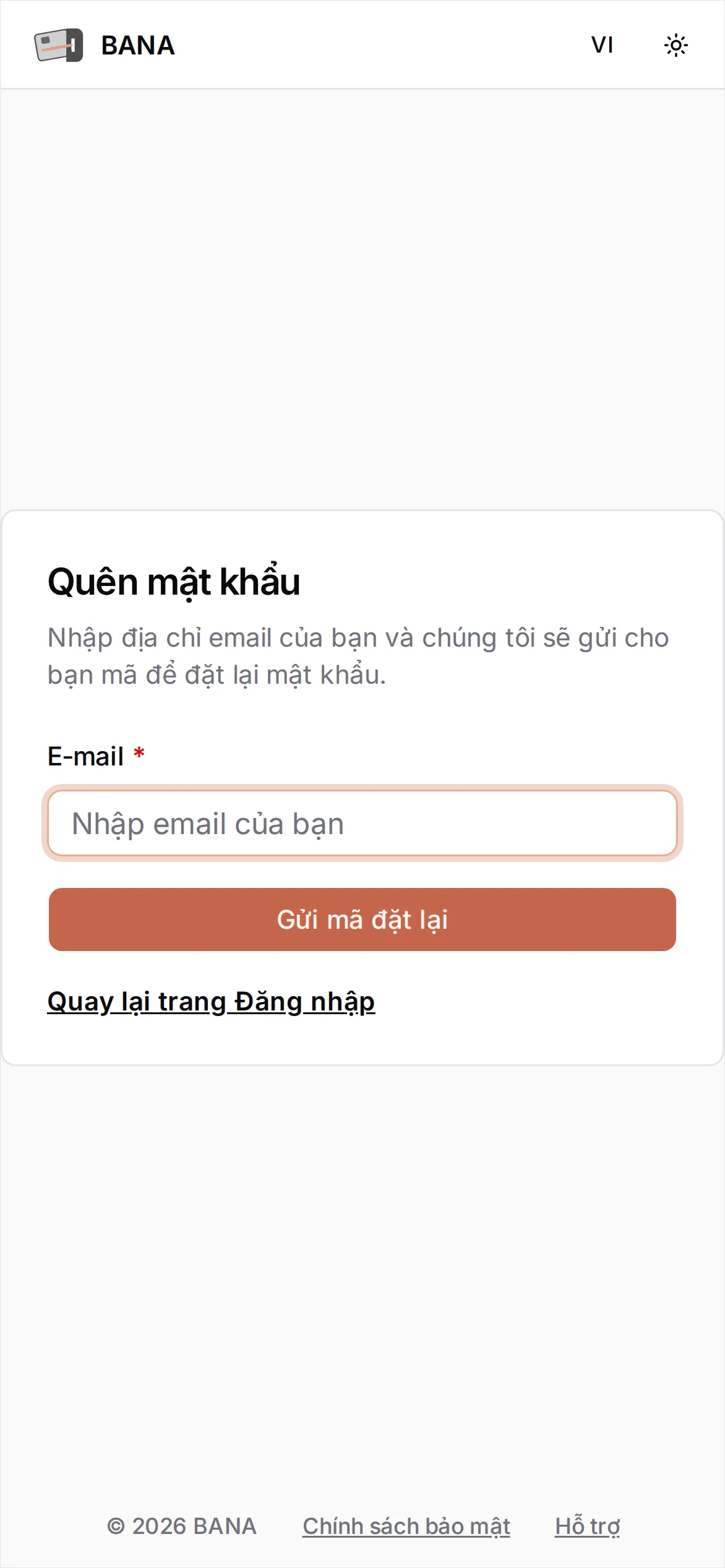 Màn hình Quên mật khẩu với ô E-mail và nút Gửi mã đặt lại
