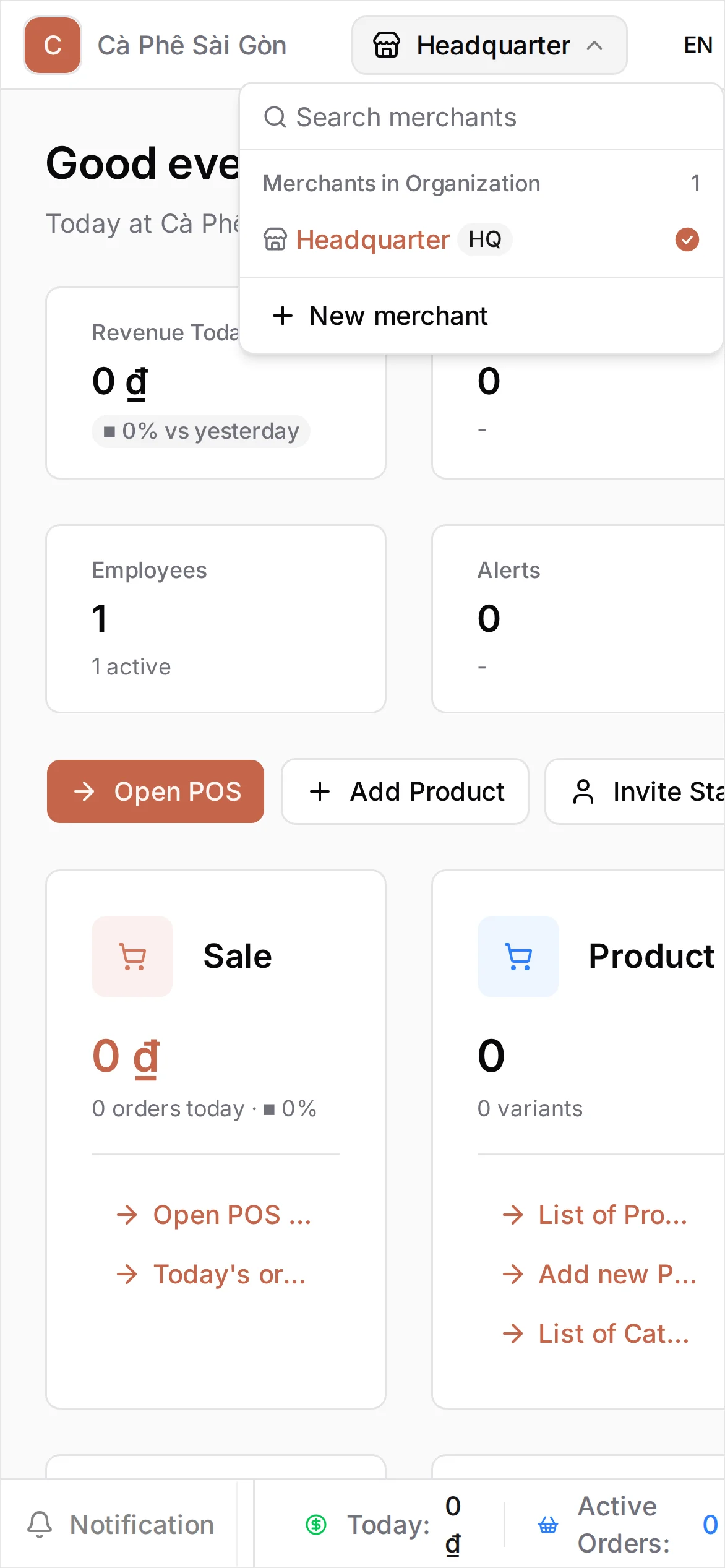 The store menu open at the top of the dashboard, listing Headquarter as the only store under 'Merchants in Organization', with a New merchant option