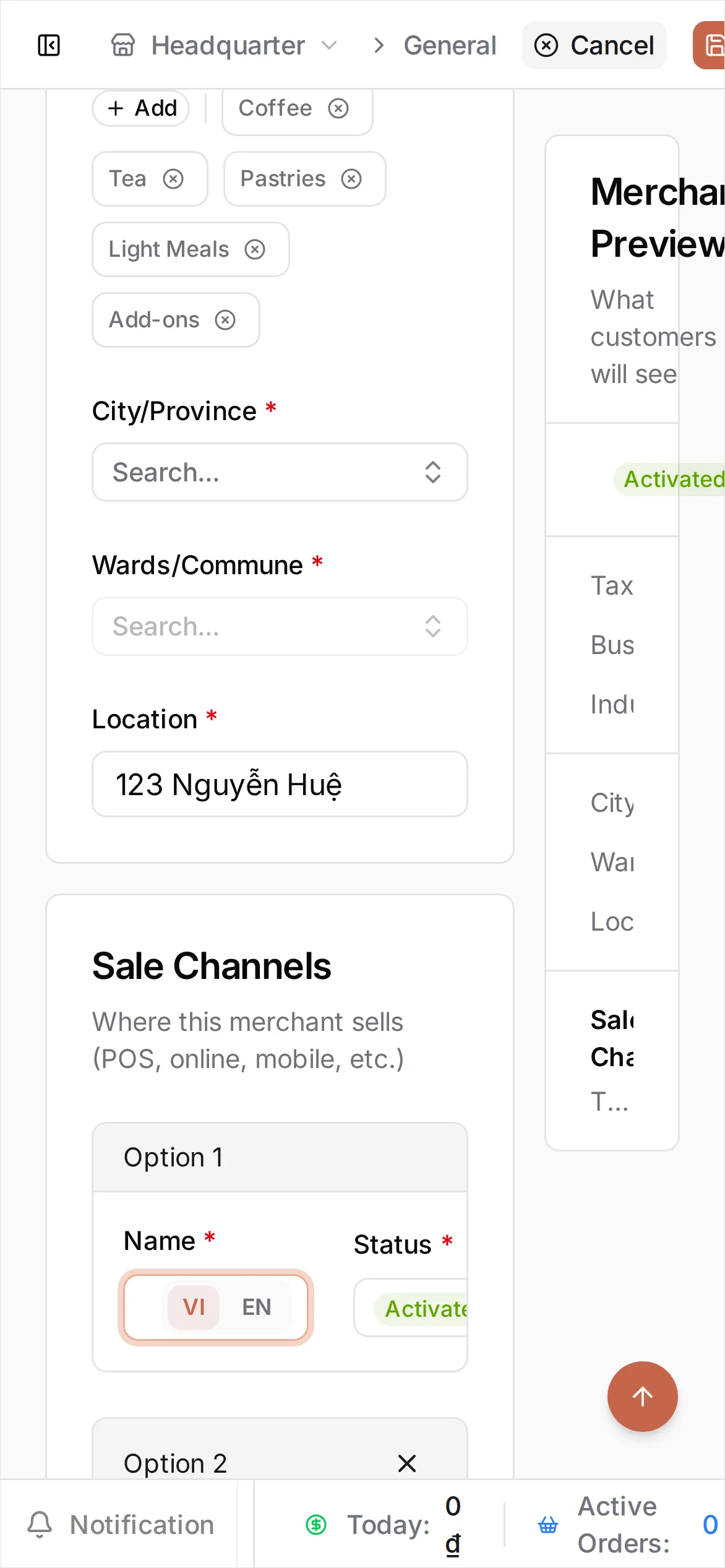 The Settings General page showing the Merchant Identity form with Name set to Cà Phê Sài Gòn, Tax Code 0312987654, a Location, Industry Food & Beverage, and a Save button in the top bar