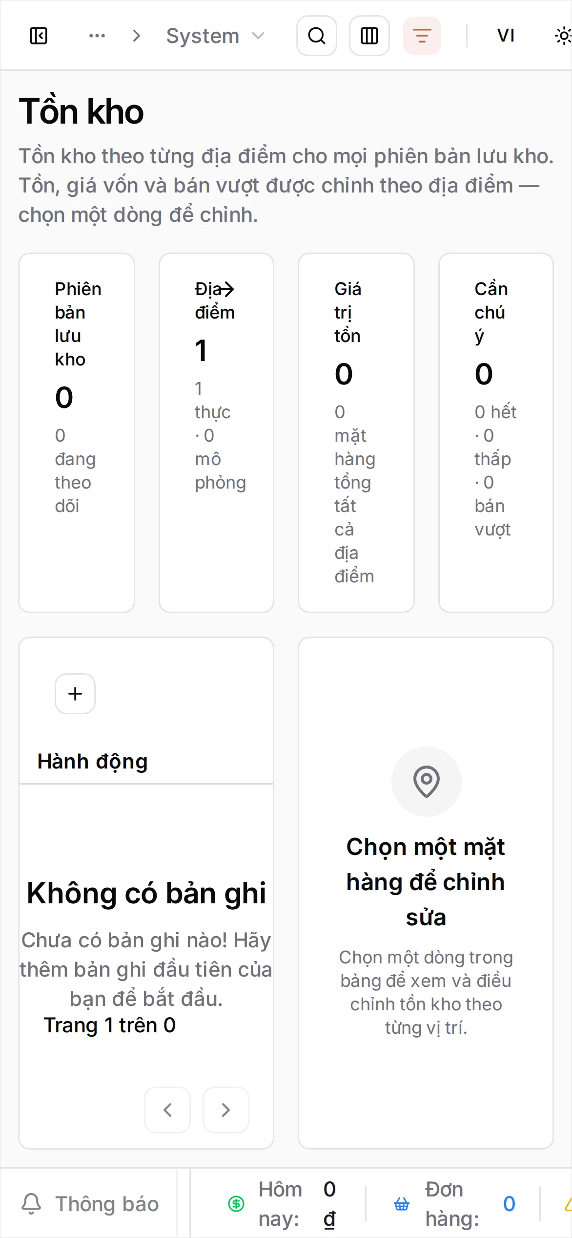Bảng chỉnh tồn kho cho Nước suối 500ml với ô Tồn kho cho địa điểm