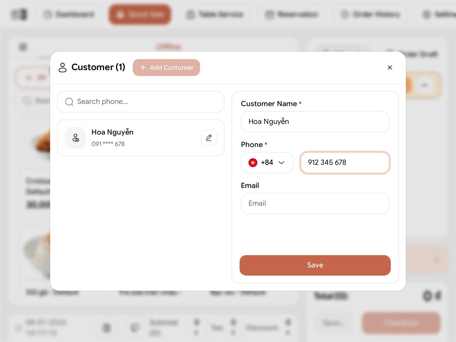 The POS customer picker over a Quick Sale, headed Customer (0) with a + New Customer button: on the left a 'Search name, phone, email…' box over a No Customer empty state, on the right the new-customer form filled with Customer Name 'Hoa Nguyễn' and Phone Number +84 912 345 678, an empty optional Email, and a Save button at its foot