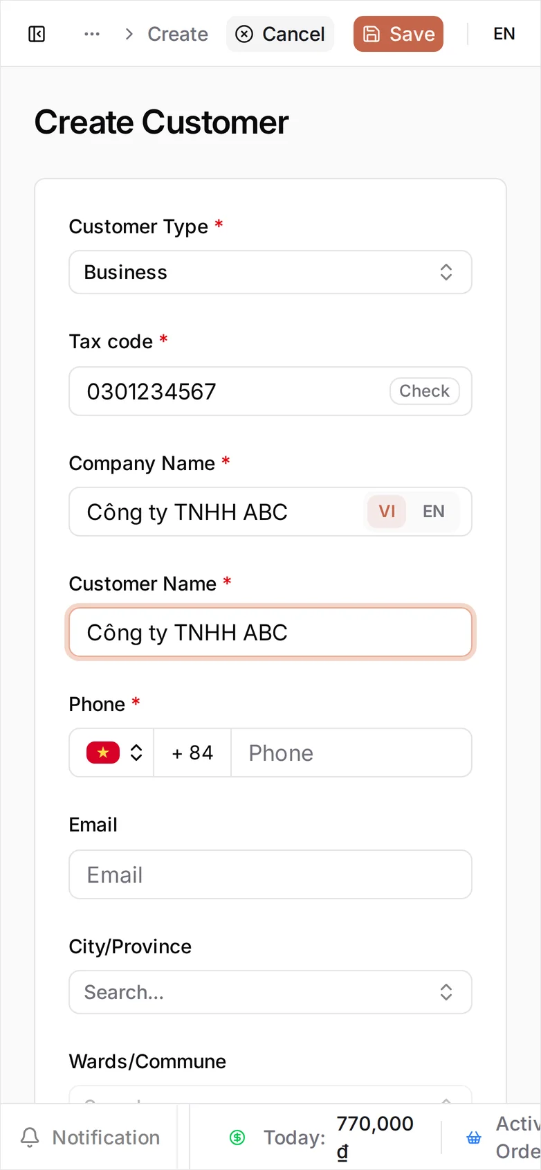 The Create Customer form with Customer Type set to Business, Tax code 0301234567 next to a Check button, and Company Name and Customer Name both reading 'Công ty TNHH ABC'