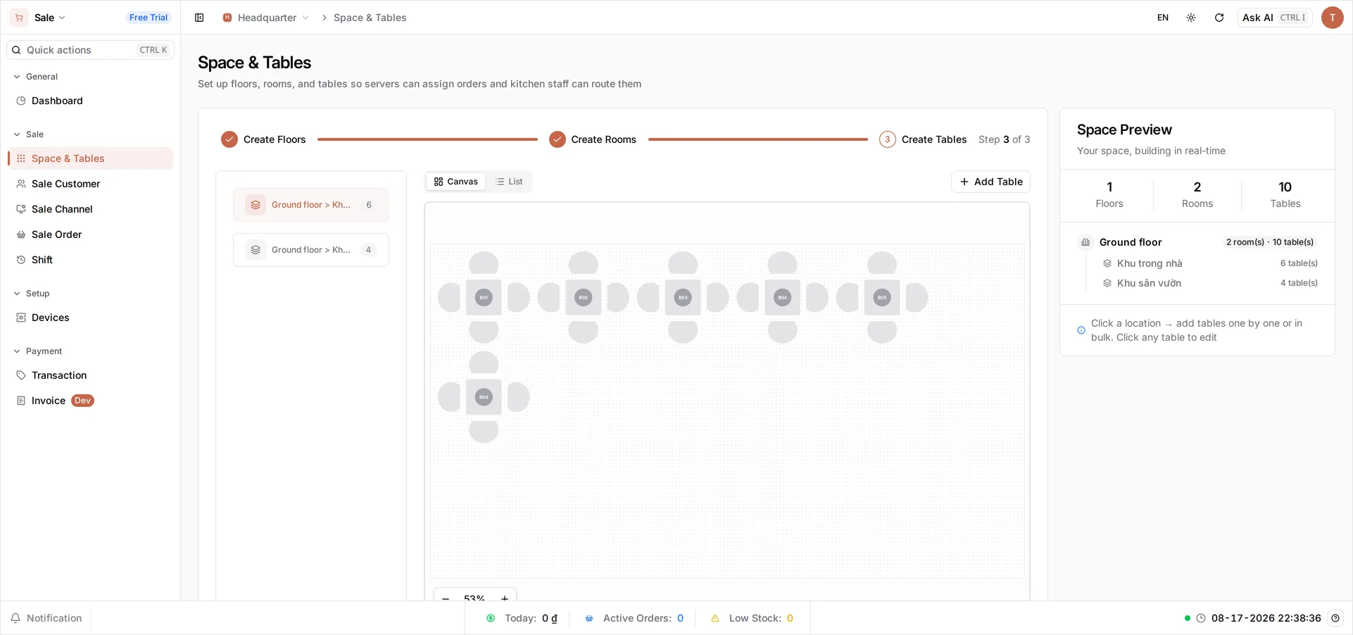The Space & Tables wizard with the Canvas view selected, showing the six indoor tables drawn to scale on a grid with their chairs around them, B01 to B06 labelled, and zoom controls beneath