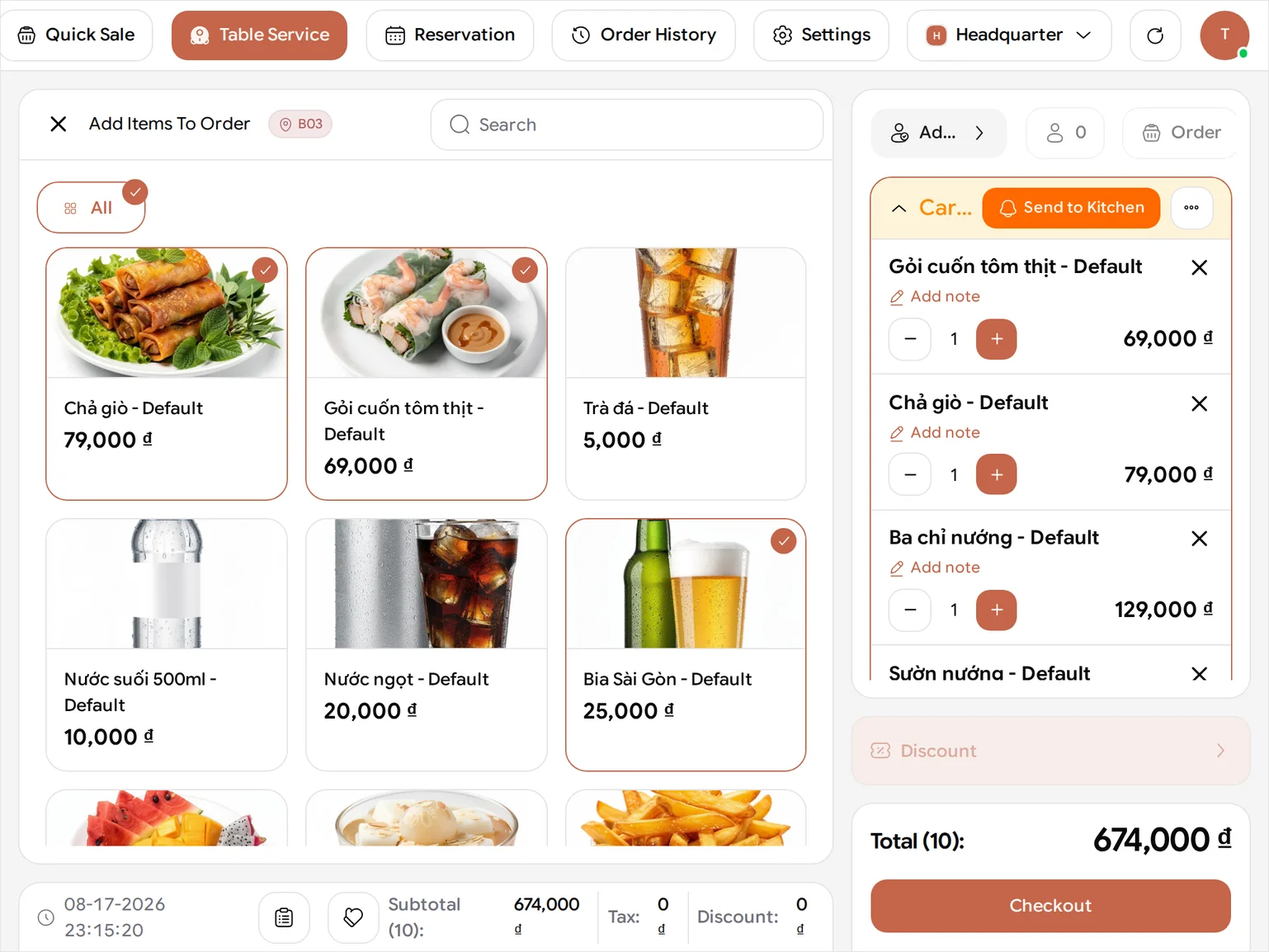 The BANA Sale menu screen headed Add Items To Order for table B03, with the dish grid on the left and an order panel holding the table's first round — Gỏi cuốn tôm thịt at 69,000 ₫, Chả giò at 79,000 ₫, Ba chỉ nướng at 129,000 ₫, Sườn nướng at 159,000 ₫, Rau nướng thập cẩm at 79,000 ₫ and Cơm chiên trứng at 59,000 ₫ at one each, plus 4 Bia Sài Gòn at 25,000 ₫ each for 100,000 ₫ — a Total (10) of 674,000 ₫ and a Checkout button