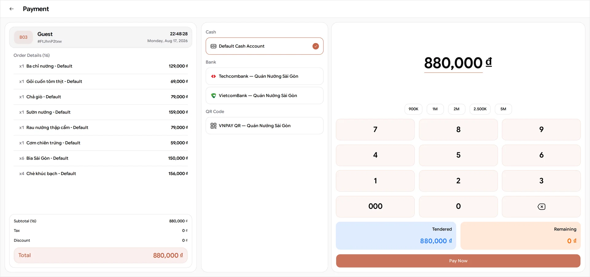 The BANA Sale Payment screen for table B03 listing both rounds merged into eight lines - x6 Bia Sài Gòn at 150,000 ₫ and x4 Chè khúc bạch at 156,000 ₫ where the repeated items have combined, then Chả giò, Ba chỉ nướng, Sườn nướng, Rau nướng thập cẩm, Cơm chiên trứng and Gỏi cuốn tôm thịt at one each - under Order Details (16), with Subtotal 880,000 ₫, Tax 0 ₫, Discount 0 ₫ and a Total of 880,000 ₫, a Cash section holding the selected Default Cash Account, a keypad with quick amounts from 900K to 5M, Tendered 880,000 ₫ against Remaining 0 ₫, and a Pay Now button