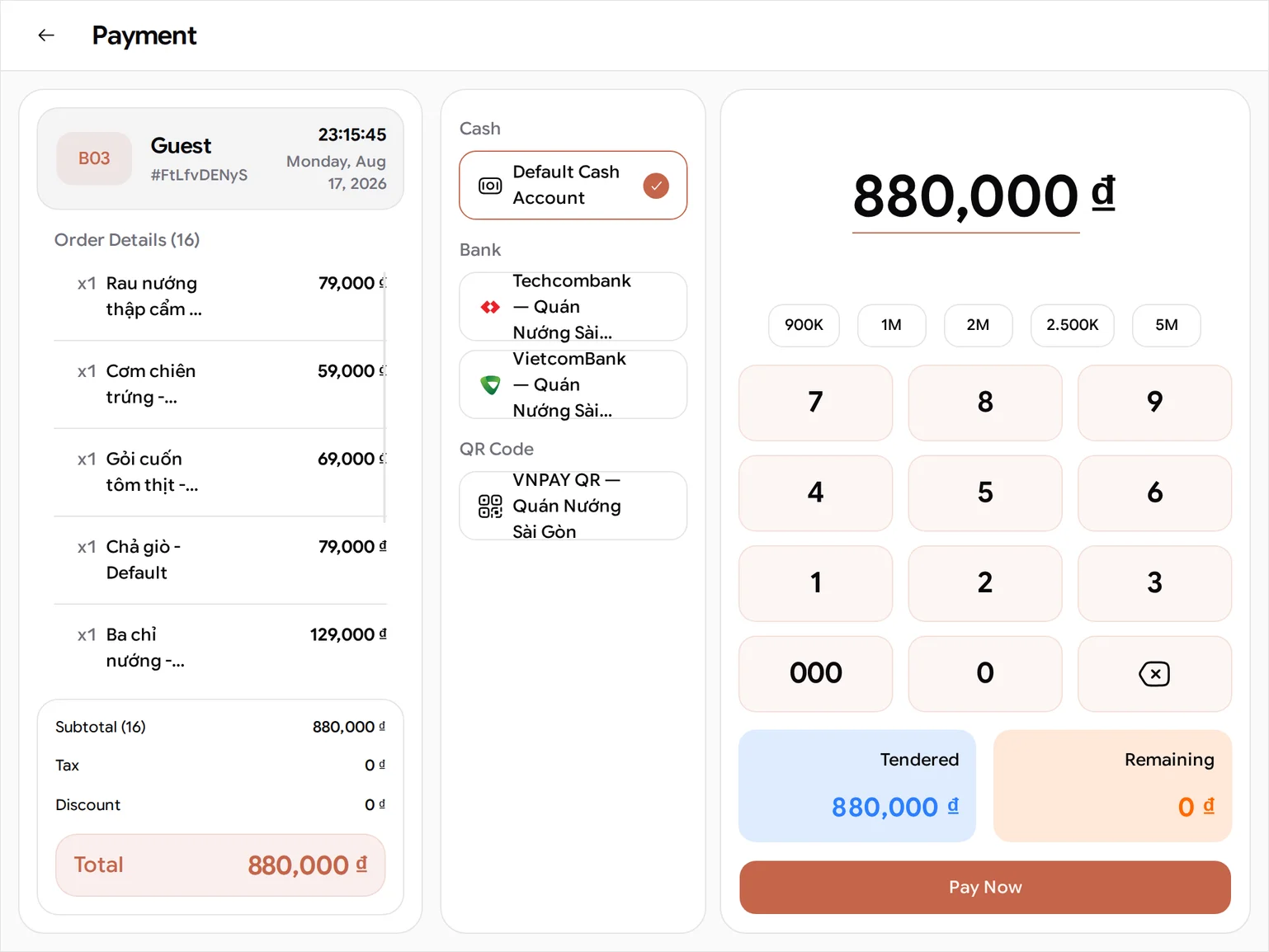 The BANA Sale Payment screen for table B03 listing both rounds merged into eight lines - x6 Bia Sài Gòn at 150,000 ₫ and x4 Chè khúc bạch at 156,000 ₫ where the repeated items have combined, then Chả giò, Ba chỉ nướng, Sườn nướng, Rau nướng thập cẩm, Cơm chiên trứng and Gỏi cuốn tôm thịt at one each - under Order Details (16), with Subtotal 880,000 ₫, Tax 0 ₫, Discount 0 ₫ and a Total of 880,000 ₫, a Cash section holding the selected Default Cash Account, a keypad with quick amounts from 900K to 5M, Tendered 880,000 ₫ against Remaining 0 ₫, and a Pay Now button