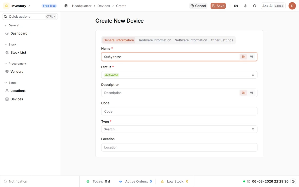 The Create device form under Inventory with Name set to Quầy trước, Type, and Status Activated