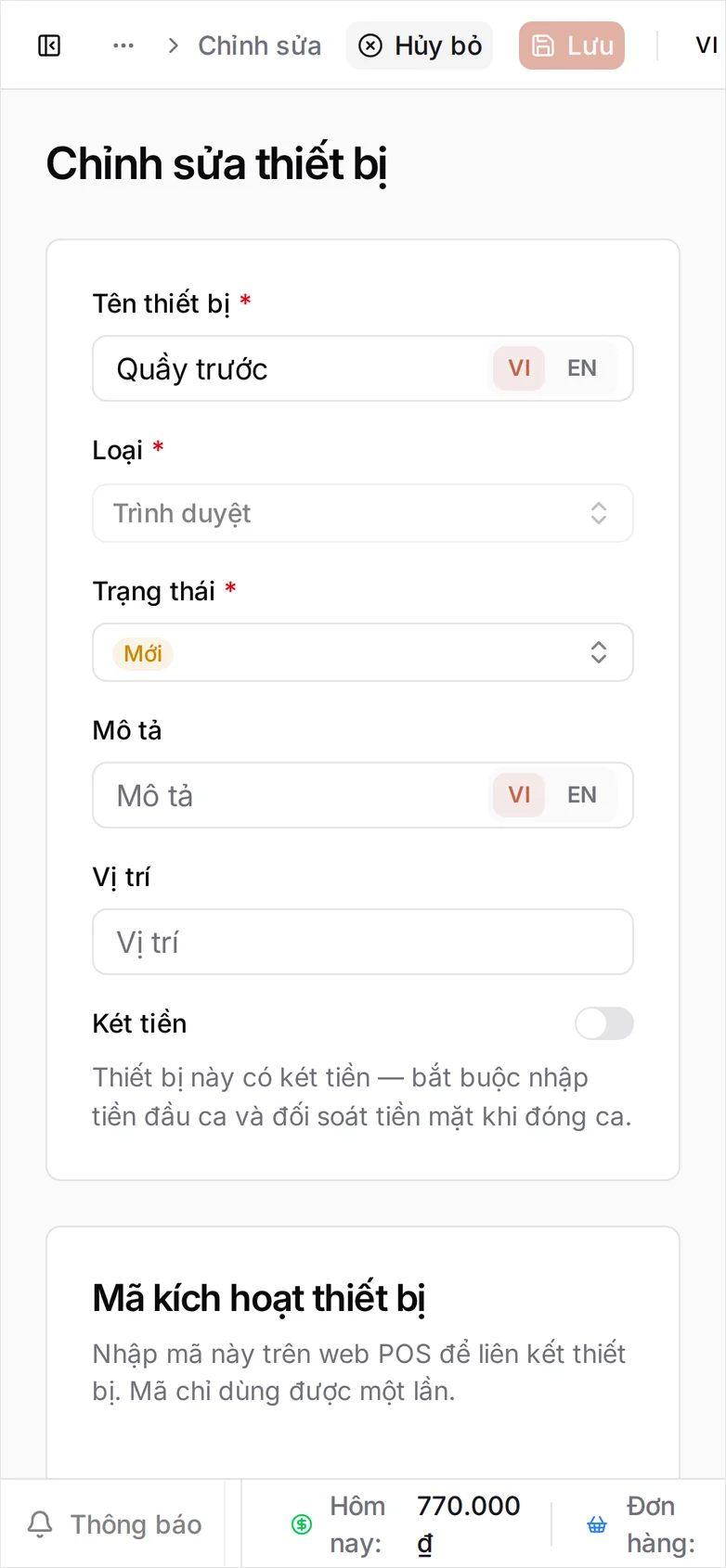 Khung Mã kích hoạt thiết bị trên màn hình Chỉnh sửa thiết bị, hiển thị mã QR, mã sáu ký tự trên nút sao chép, thời điểm Hết hạn và nút Tạo mã mới