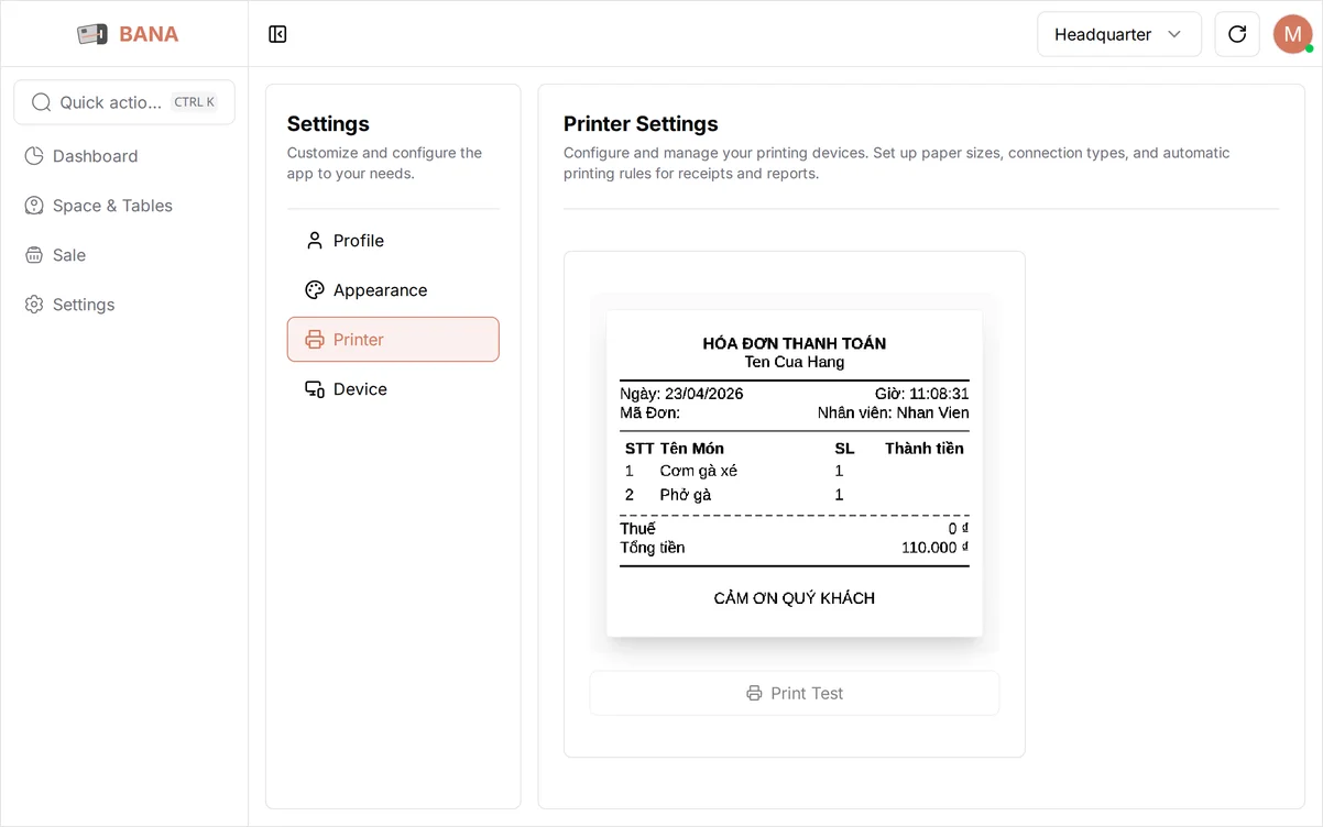 The BANA Sale Printer Settings screen showing a live receipt preview with a Print Test button