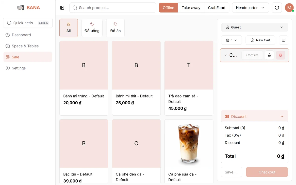 The BANA Sale screen with the product grid on the left and an empty order panel on the right