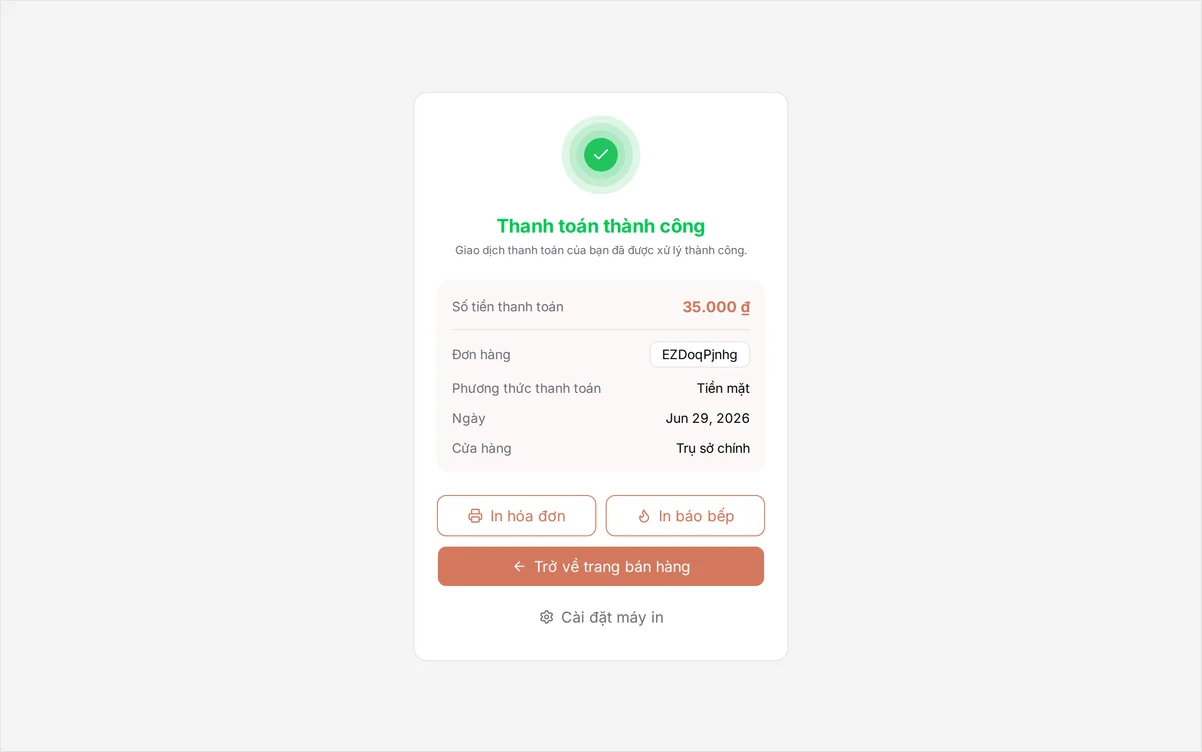 Màn hình Thanh toán thành công hiển thị số tiền đã trả và phương thức thanh toán, cùng nút In hóa đơn và Trở về trang bán hàng