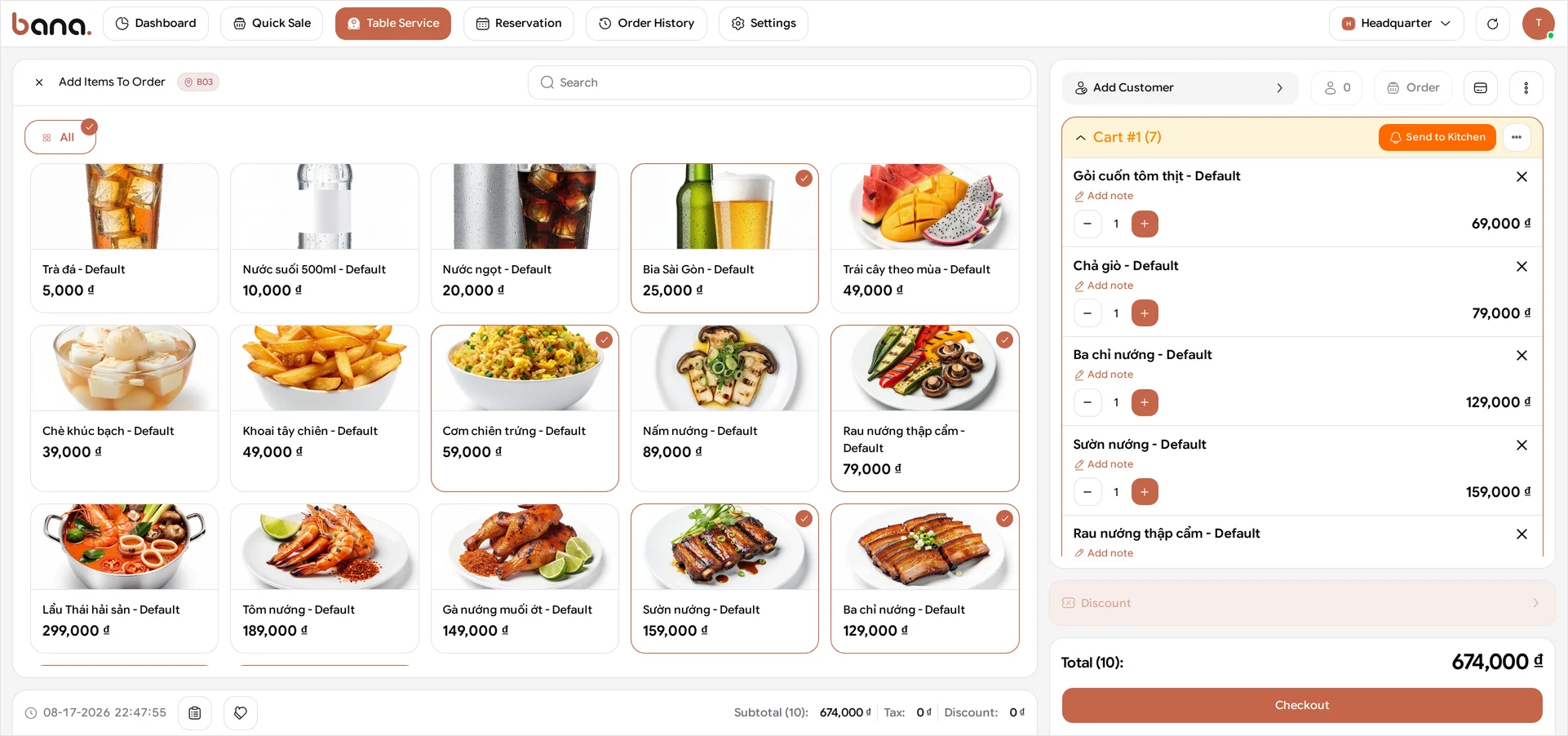 The BANA Sale menu screen headed Add Items To Order for table B03, with the dish grid on the left and an order panel holding the table's first round - Gỏi cuốn tôm thịt at 69,000 ₫, Chả giò at 79,000 ₫, Ba chỉ nướng at 129,000 ₫, Sườn nướng at 159,000 ₫, Rau nướng thập cẩm at 79,000 ₫ and Cơm chiên trứng at 59,000 ₫ at one each, plus 4 Bia Sài Gòn at 25,000 ₫ each for 100,000 ₫ - a Total (10) of 674,000 ₫ and a Checkout button